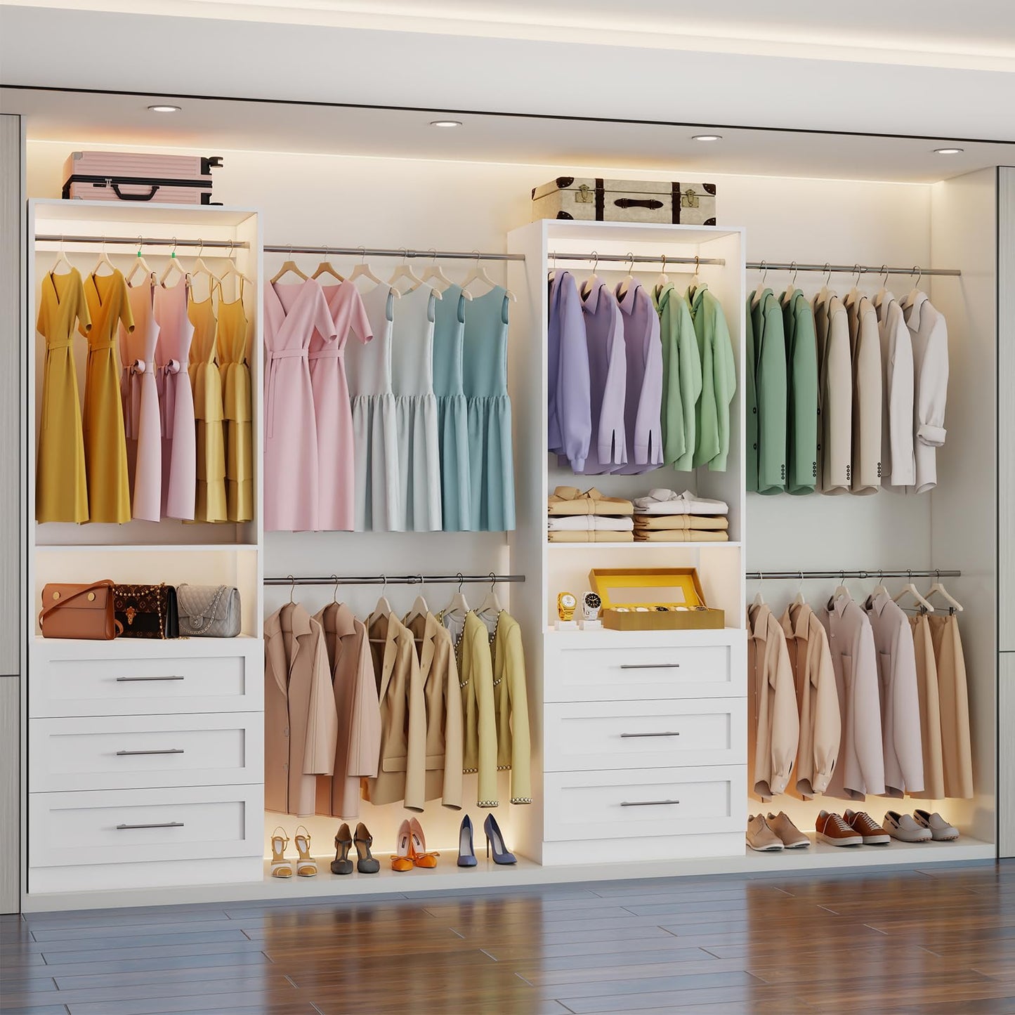 Closet System with 6 Drawers, 4FT-15FT 2-Piece Closet System, Walk in Closet Organizer System, Modular Closet System with 10 Adjustable Hanging Rods & Shelves, Closet Storage System for Bedroom, White