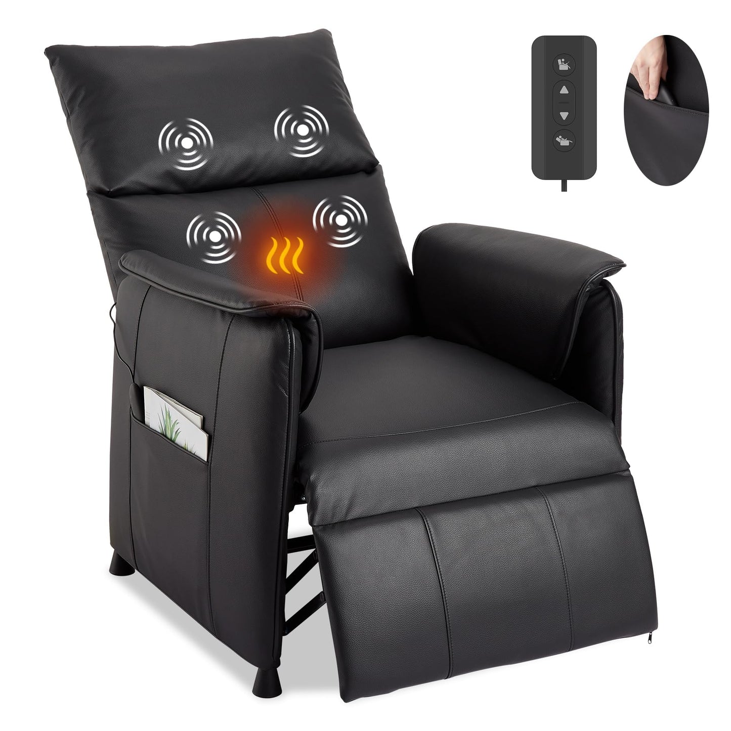 Electric Recliner Chair with Heat and Massage, Power Recliner Sofa Bed for Living Room, Home Theater or Office, Heated Recliner, Adjustable PU Leather Massage Chair, Remote Control, Black