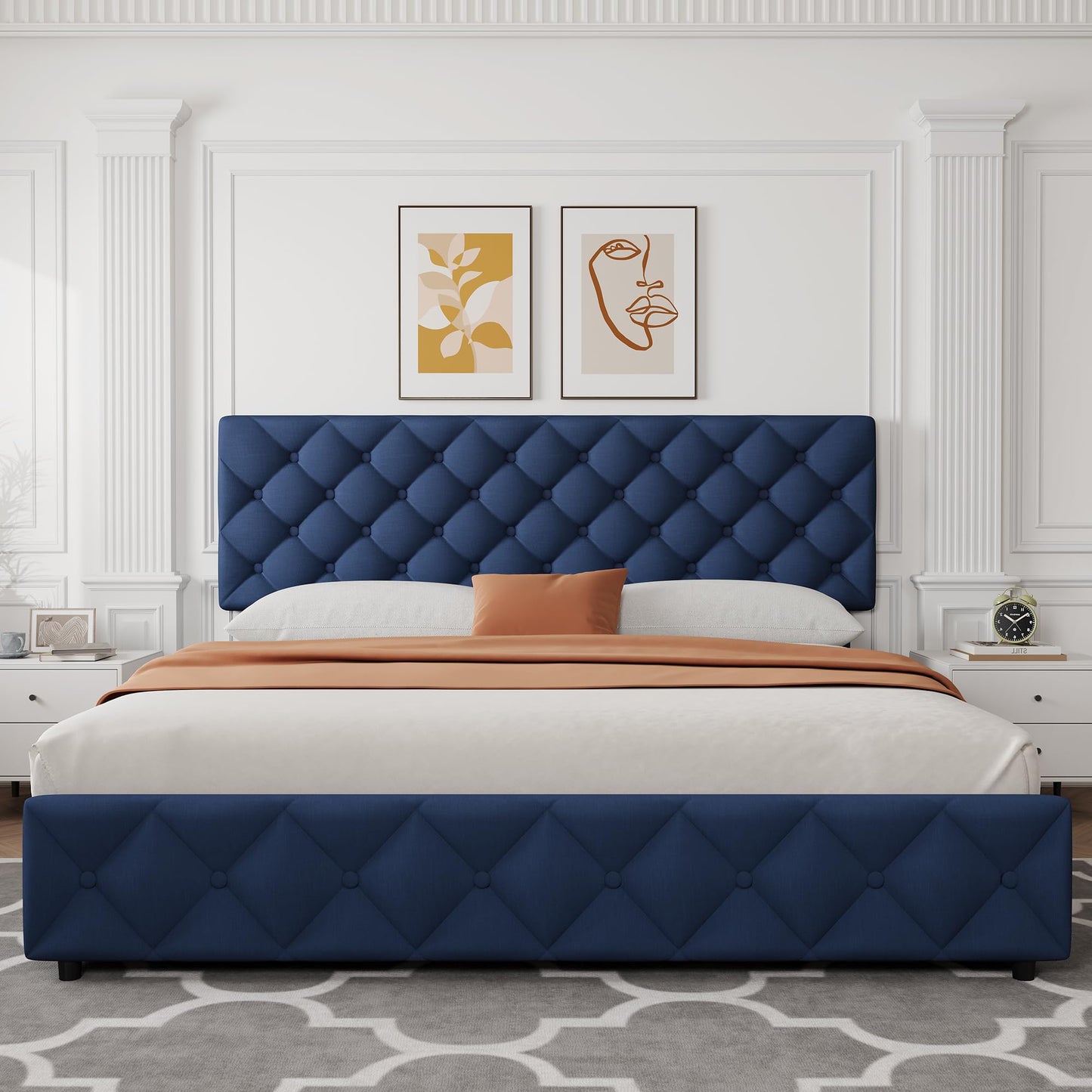 King Size Bed Frame with 4 Storage Drawers, Linen Upholstered Platform Bed Frame with Headboard and Footboard, Wooden Slats Support, Diamond Stitched Button Tufted, No Box Spring Needed, Blue