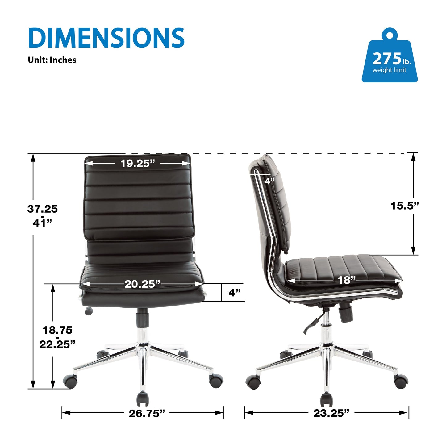 Office Star SPX Professional Ergonomic Ribbed Faux Leather Office Chair with Chrome Base, Mid Back Manager's Chair Without Arms, Black