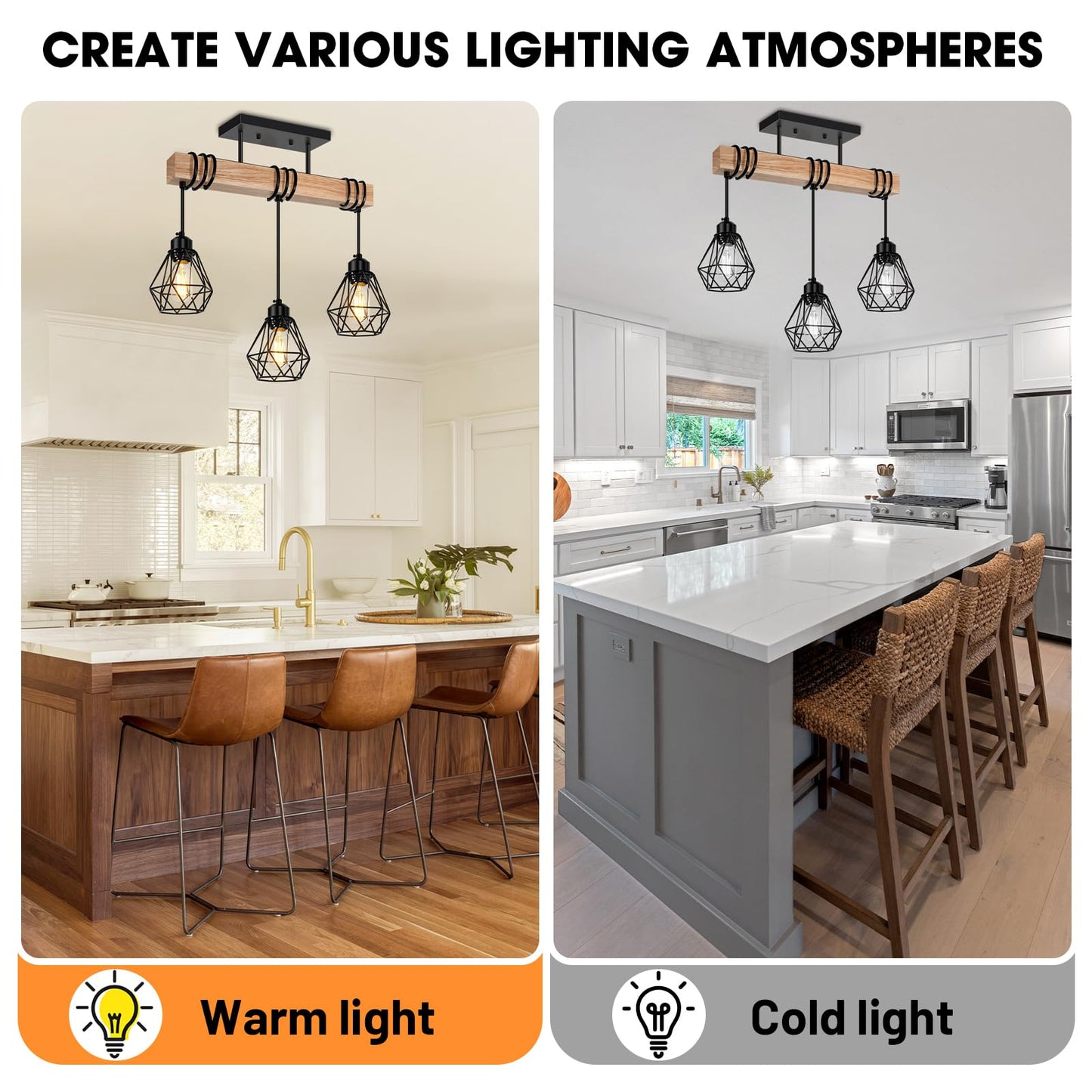 Feanron Pendant Light Fixture, 3-Lights Rustic Wood & Metal, Black Ceiling Lamp for Dining Room, Model ZSLDD-3L