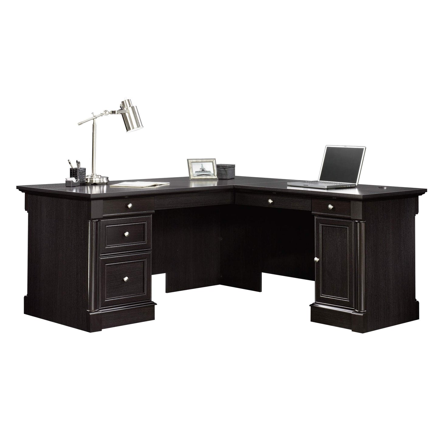 Sauder Palladia L Shaped Desk with Drawers, Office Desk with File Cabinet Storage, Cable Management, Keyboard Tray, in Wind Oak Finish