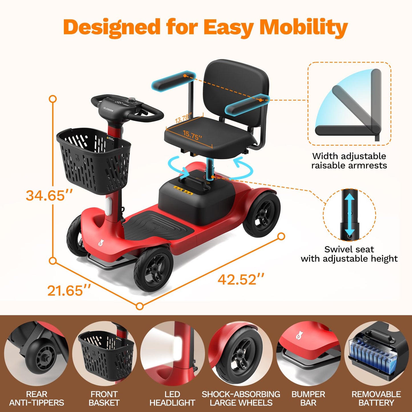 Glashow S1 Folding 4-Wheel Mobility Scooter for Seniors – 25-Mile Range, 6.2 mph, All-Terrain Electric Scooter with Adjustable Swivel Seat, 265 lb Capacity, Removable 24V 20Ah Battery – Red