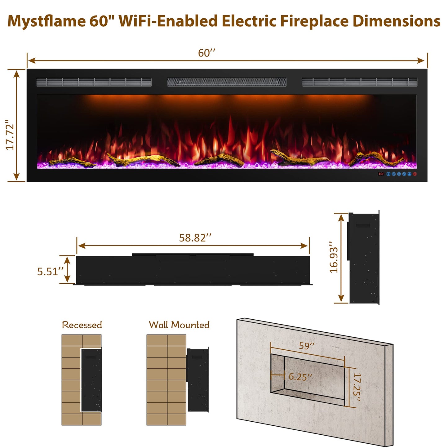 Mystflame 60 Inch WiFi Electric Fireplace Heater, Recessed or Wall Mounted, Ultra‑Slim 5.51" Deep, 750/1500W, 6 Flame Colors & 13 Ember Bed Colors,Remote & App Control, Alexa & Google Home