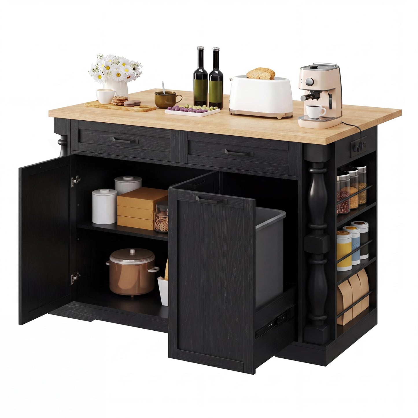 Homiflex Kitchen Island, 47.6"x20" Kitchen Island with Spice Rack & 11.8" Drop Leaf, Coffee Cart on Wheels Breakfast Bar Table Storage & Trash Bin Islands Table with Power Outlet for Dining Room-Black