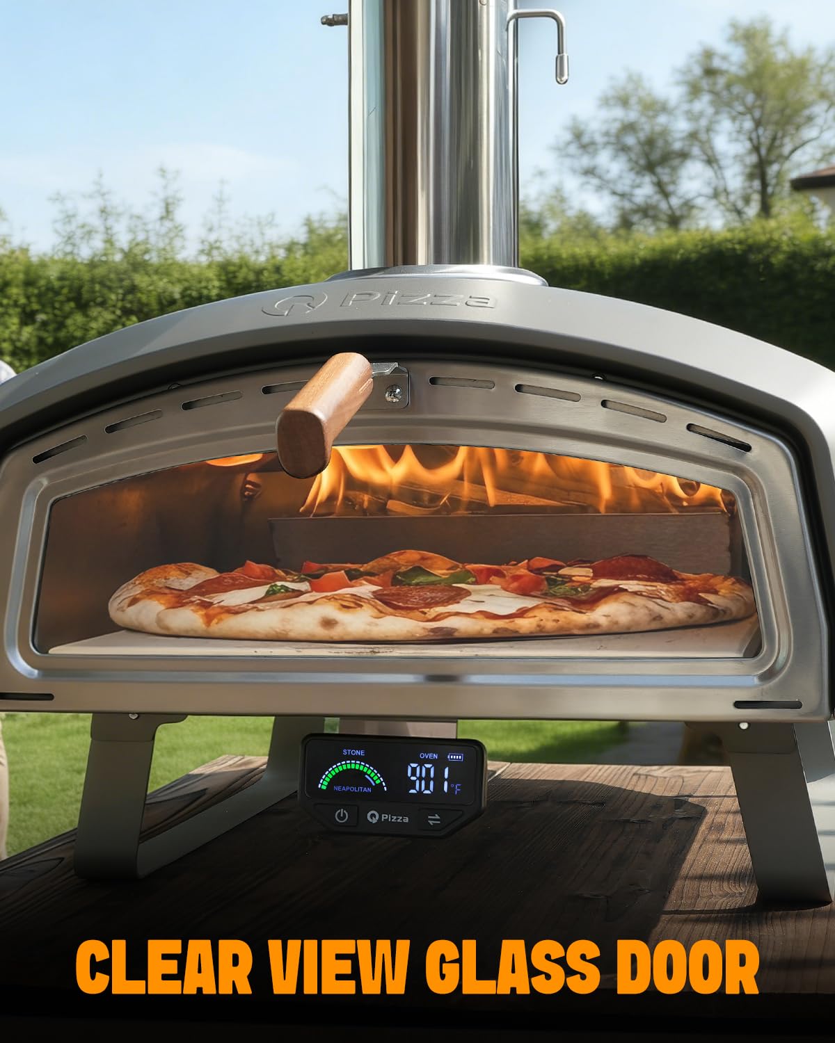 Q Pizza 16” Wood-Fired Pizza Oven for Cooking Bigger Size Pizzas & More Food– Outdoor Portable Pizza Stove with Thermometer, Glass Door & Folding Legs, for Patio Backyard Camping Tailgating, PS109