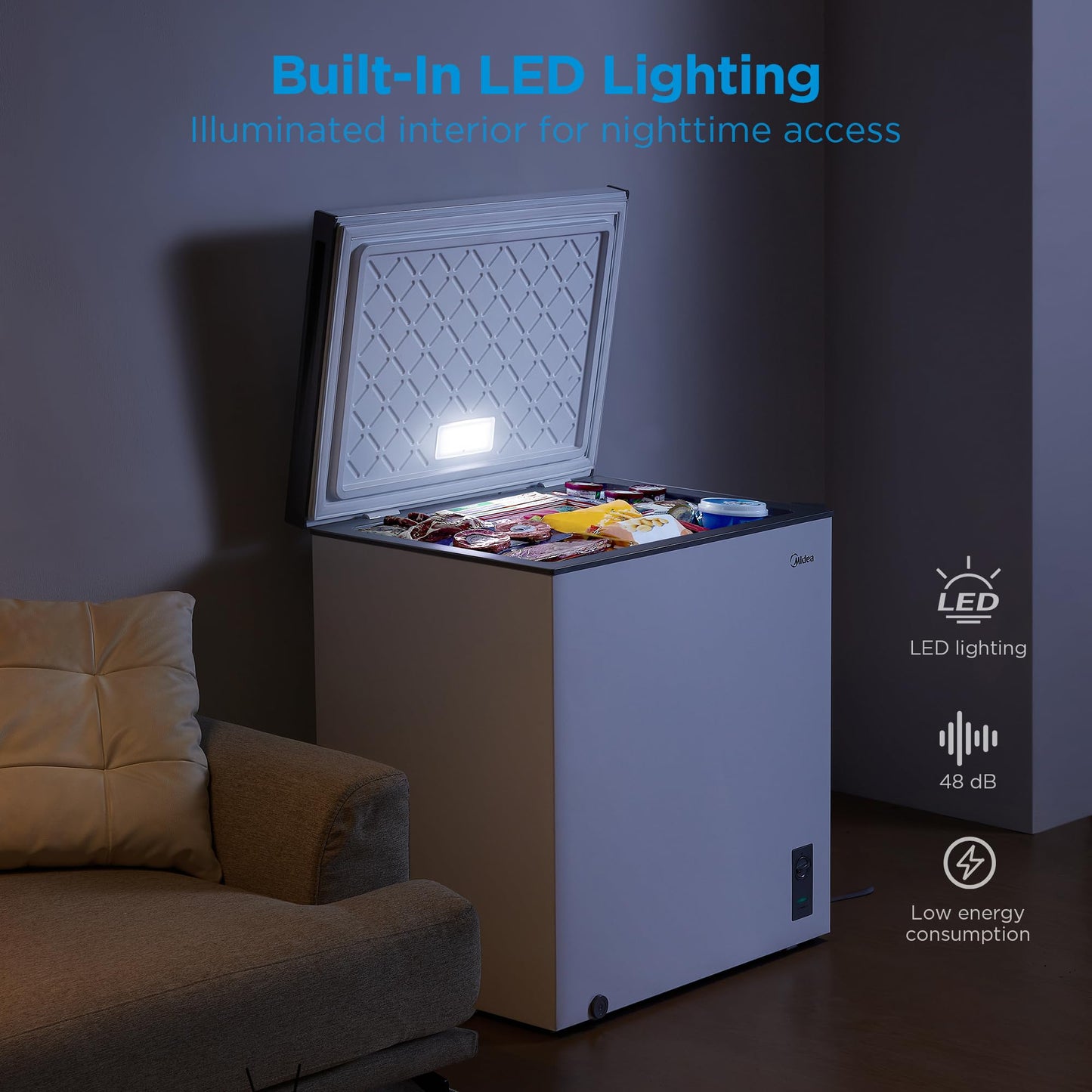 Midea MERC07C4BAWW Chest Freezer, 7.0 Cubic Feet Freezer With Removable Basket, Interior LED Light, Adjustable Temperature, For Kitchen Apartment Office, White