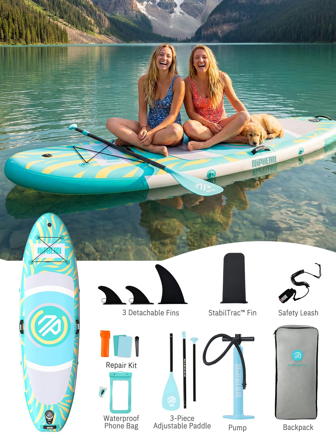 Niphean（Ultra-Light） Inflatable Paddle Board with StabilTrac Fin and Durable SUP Accessories, 10' Stand Up Paddle Boards for Adults & Youth, Versatile Yoga Paddle Board, Gift Ideas-Tidal Mint