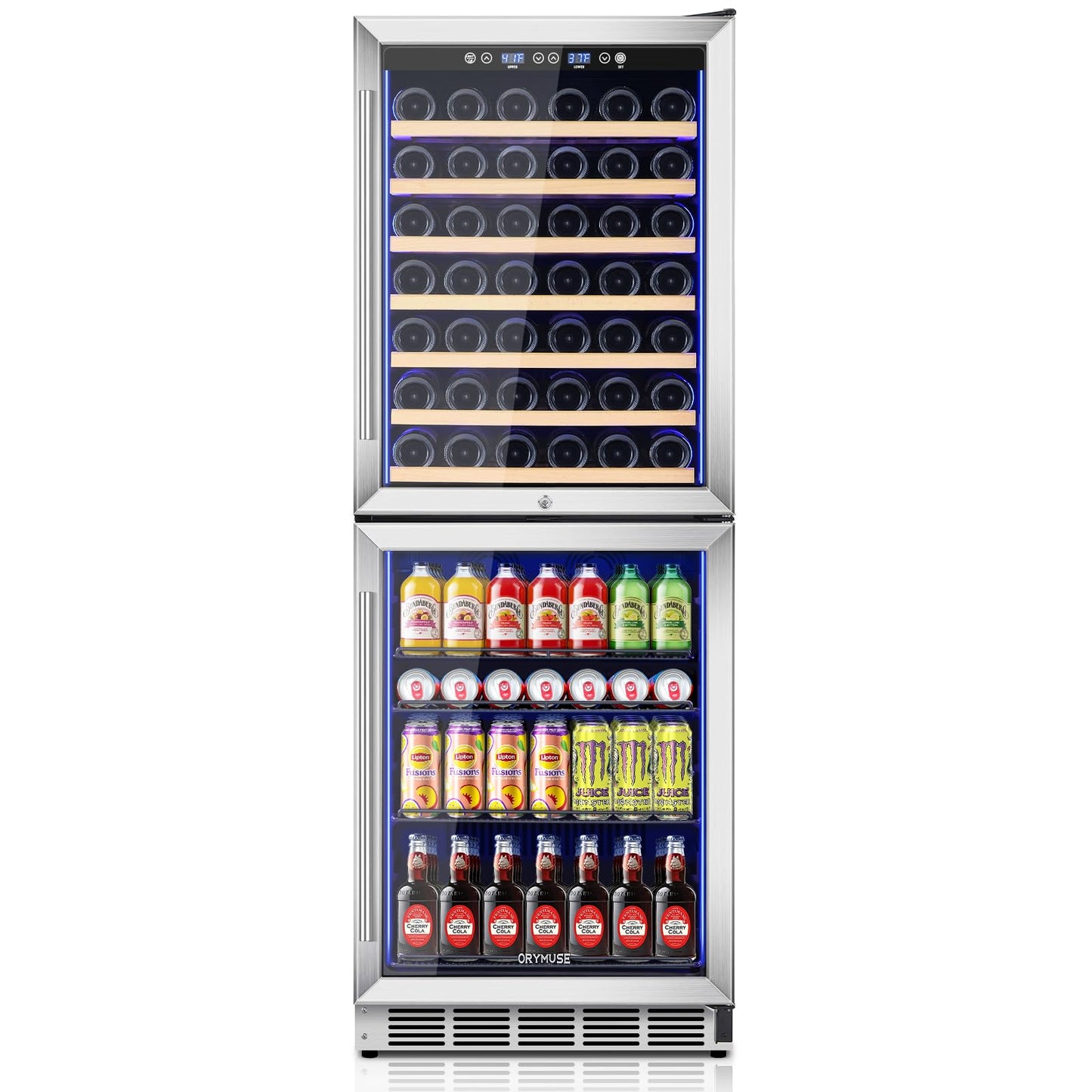 ORYMUSE 24 Inch Dual Zone Wine and Beverage Refrigerator, 180 Can / 77 Bottle Capacity Built-In Freestanding Wine Fridge with Glass Door, Drink Cooler for Kitchen Home Bar, Blue LED Light