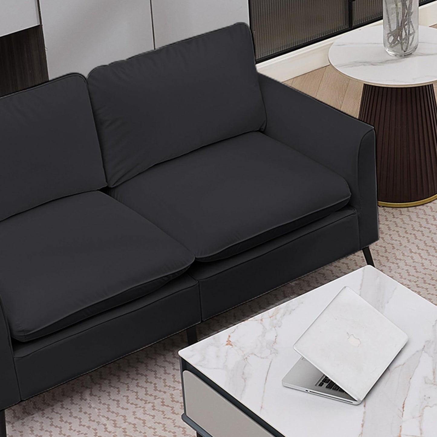 KEIKI Faux Leather Sofa Couch, Living Room Furniture Sectional Sofa Sets of 3 Pcs, Mid Century Modern Decor Sofa Couches, Loveseat & Accent Chair for Small Space, Apartment, Office, Black
