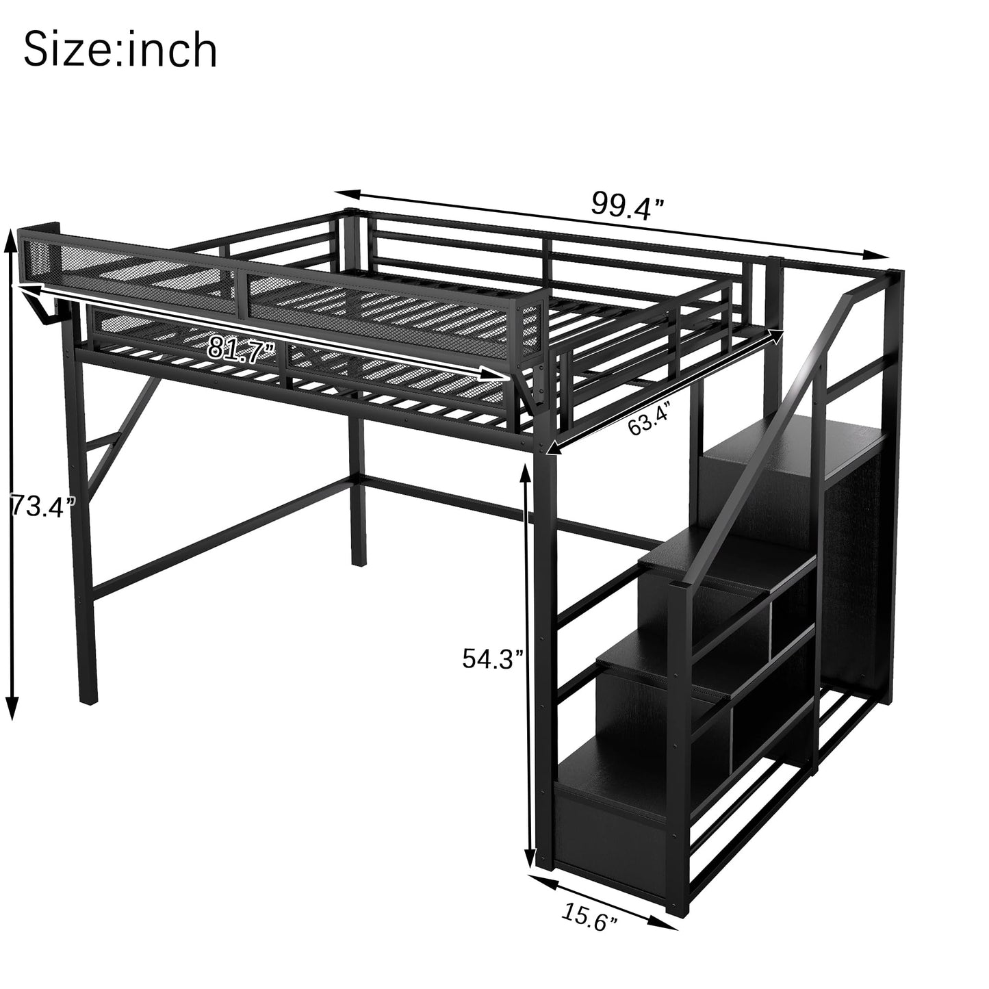 KEIKI Queen Size Metal Loft Bed Frame with Convertible Staircase, Built-in Storage Shelves and Wardrobe, Loft Bed with Solid Slats, Guardrail, No Box Spring Required, Easy Assembly, for Bedroom, Black