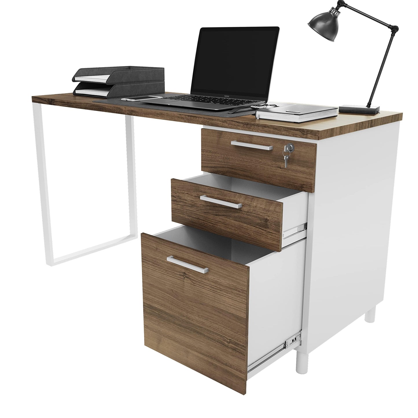 Modern Design Milano Office Desk with 3 Locking Drawers, 48 Inch White and Walnut Industrial Wood Desk with Filing Drawer and Storage, by Crafts and Comfort