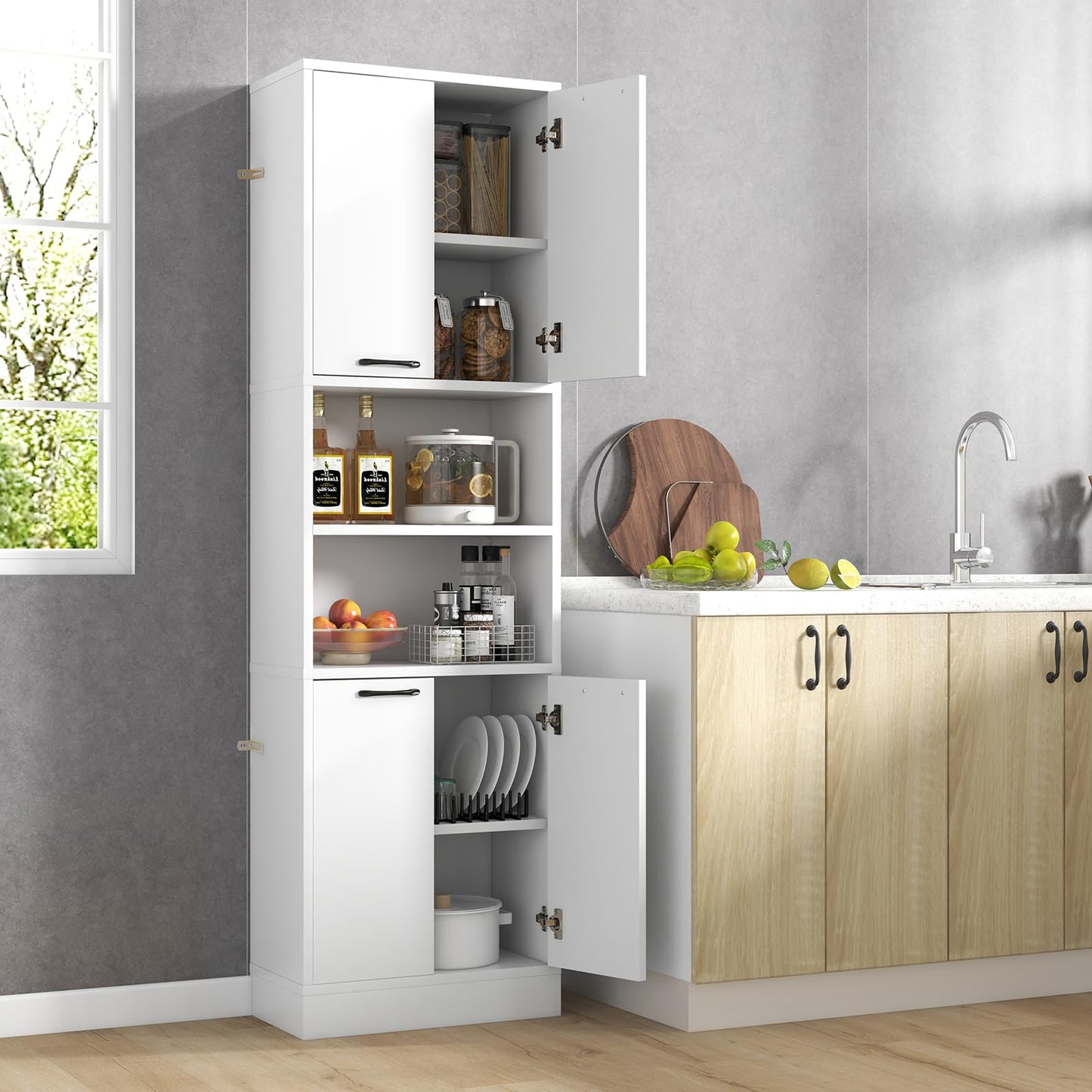 NAFORT Storage Cabinet, 75" Freestanding Tall Cupboard with Shelves, Anti-toppling Devices & Non-Slip Foot Pads, Modern Slim Cabinet for Indoor Space