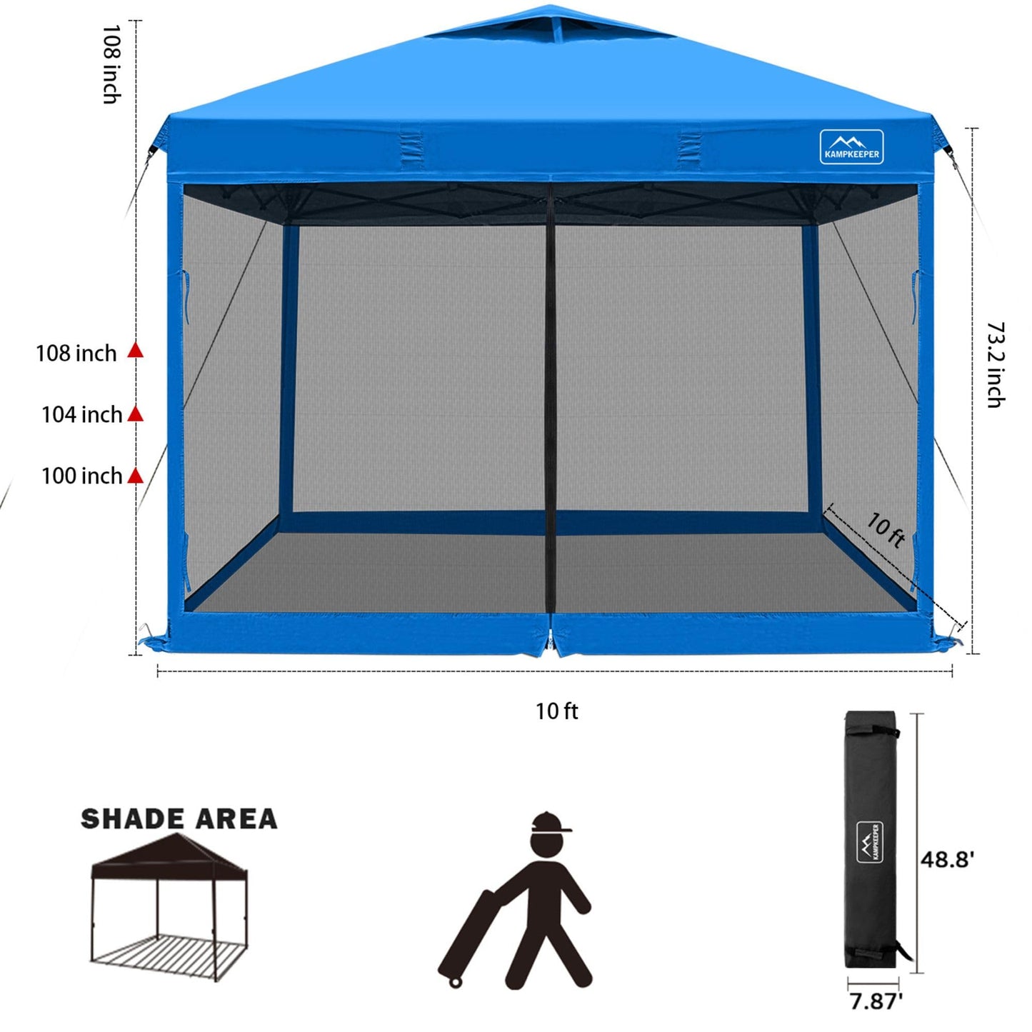 KAMPKEEPER 10x10 Pop-Up Canopy Tent, Waterproof, Portable Shade with Side Walls, Adjustable Instant Outdoor Shelter for Camping, Backyard, and Events, Light Blue