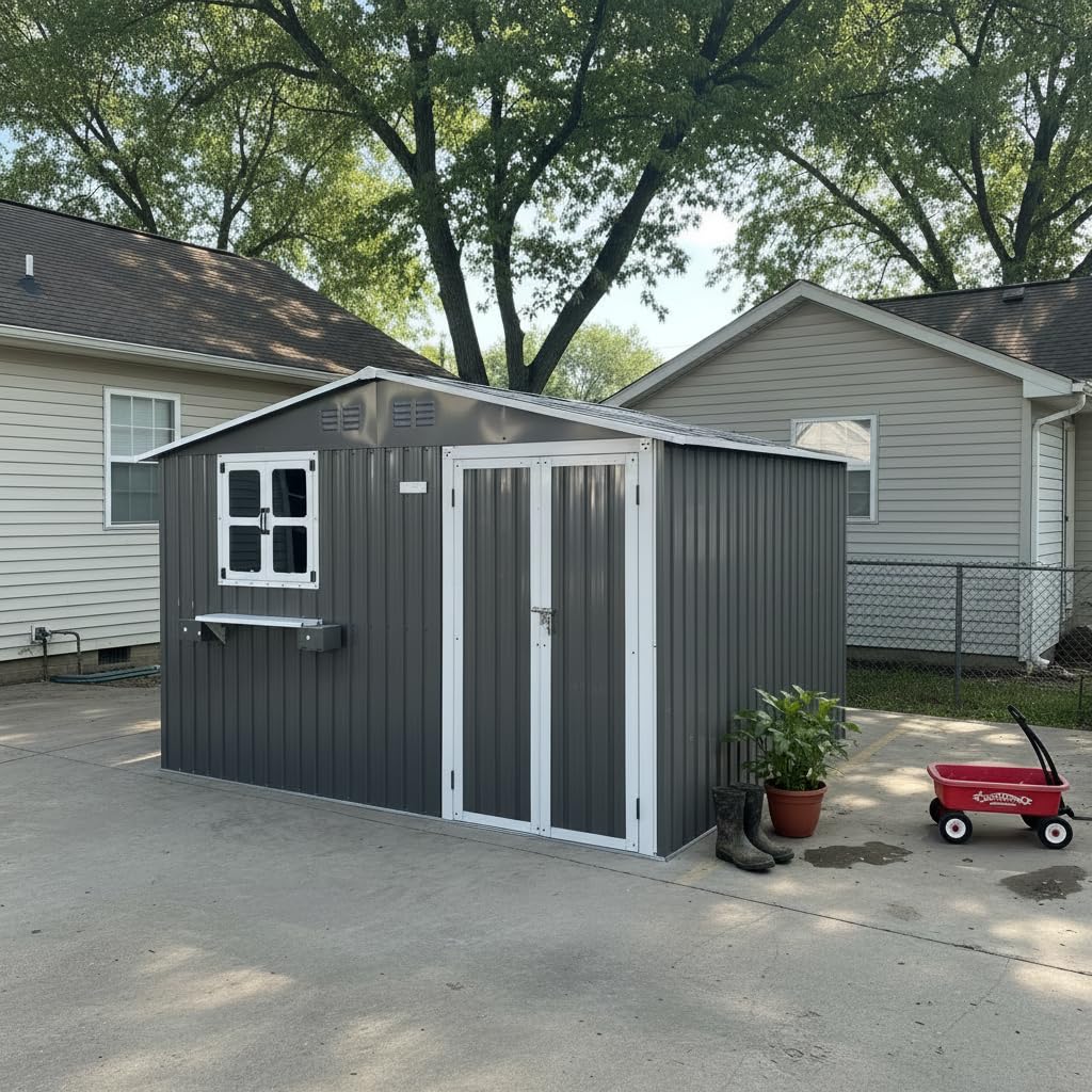 10x8 FT Storage Shed,Outdoor Metal Building Backyard Shed with 2 Clear Openable Windows,Windowsill & Garden Bed Flower Rack,Lockable Double Doors Tool Shed, Heavy Duty Waterproof,for Yard,Coal Gray