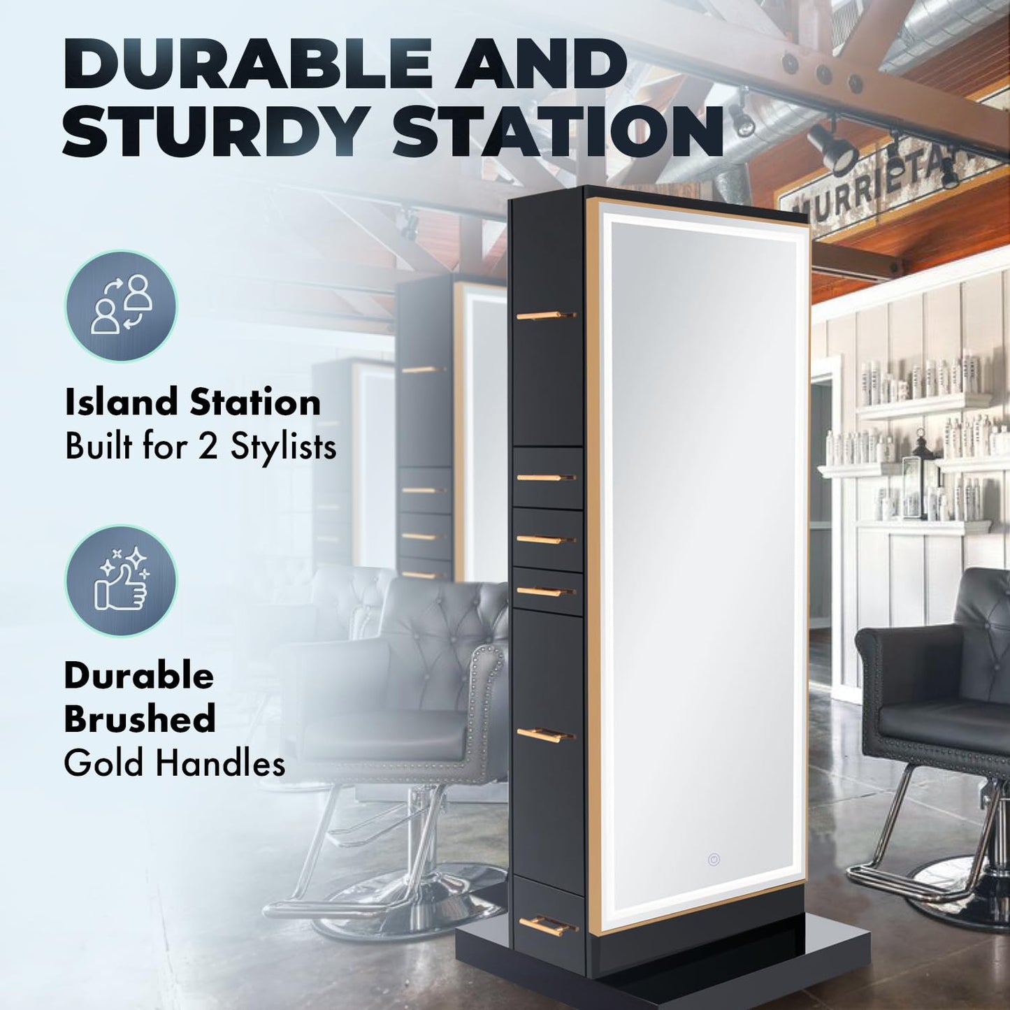 Buy-Rite Salon & Spa Equipment Modena Ultra Double Sided LED Styling Station for Professional Salons and Barbershops, Gold Frame with Gold Handles, NIN-MD-01-ULTRALED (Gloss Black)