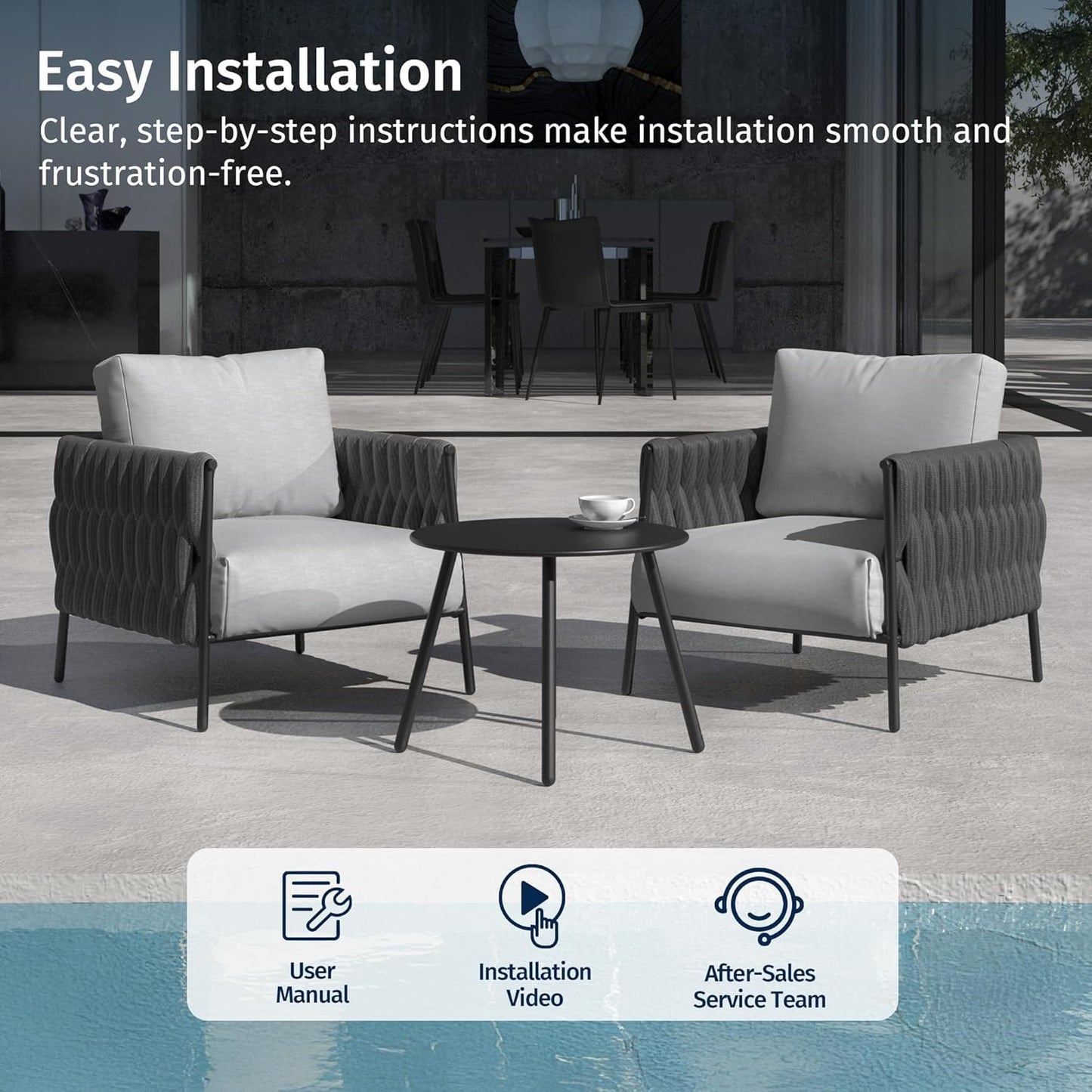 EAST OAK 3-Piece Patio Furniture Set | Armchairs & Coffee Table | Outdoor Furniture with Cushions | Deep Seating Modern Conversation Set | Garden, Porch, Balcony & Backyard | Misty Grey