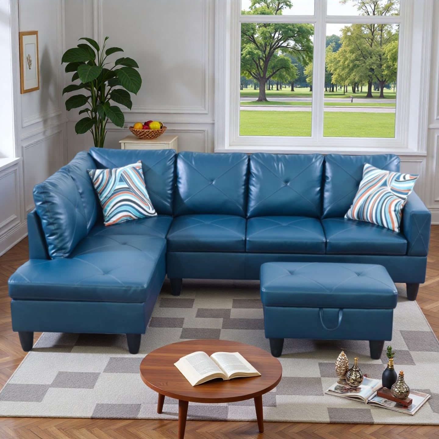 Trygoal 3-Piece L-Shaped Modular Leather Sofa – Convertible Sectional Couch with Movable Chaise & Storage Ottoman, Multi-Scene Use for Living Room, Apartment & Office, Dark Blue