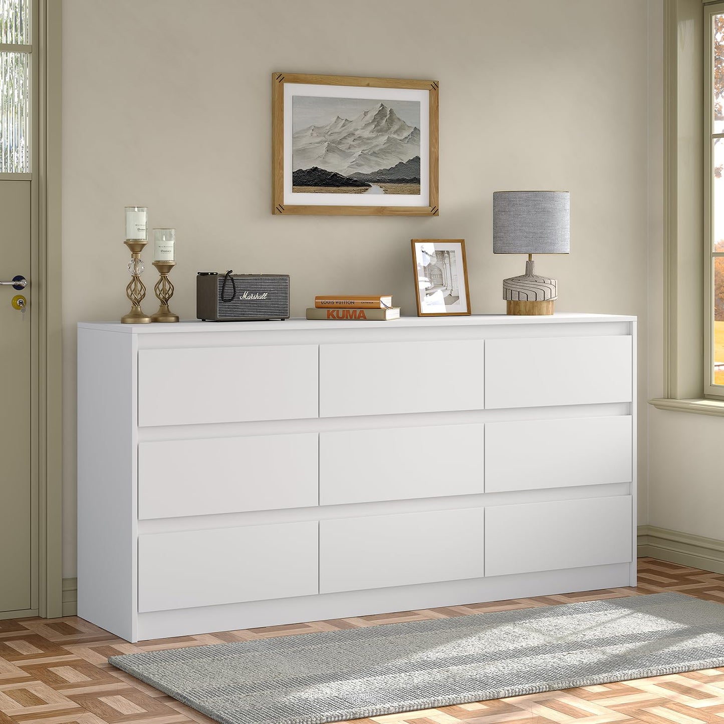 Furniouse Modern 9 Large Storage Drawers Dresser for Clothes Organizer, White Modern Chest of Drawers for Closet, 60" Long Drawer Organizer Cabinet for Bedroom,Living Room,Entryway,Hallway