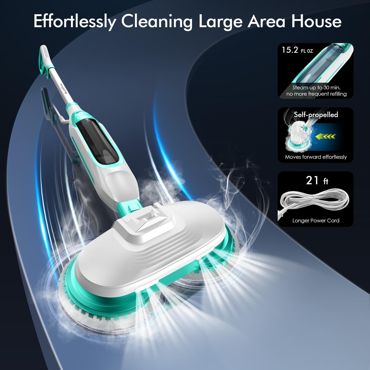 Angtra Scrubbing Steam Mop with Rotating Mop Pads, All-in-One Hard Floor Cleaner with LED Headlights, Steam & Spin Control, 6 Soft Scrub Pads, Swivel Steering, FS07