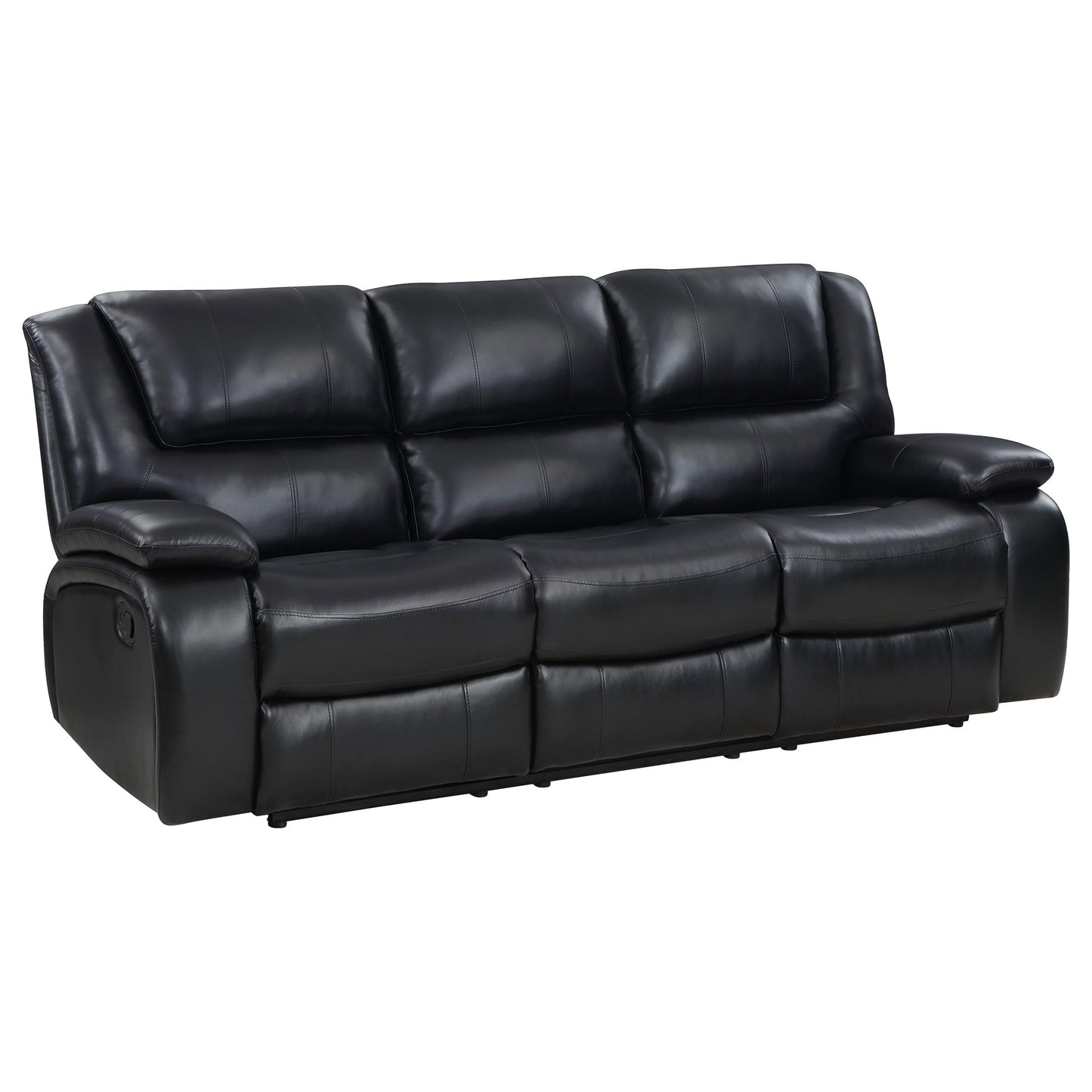 Coaster Home Furnishings - Camila - Wood and Faux Leather - Reclining Sofa with Manual Motion, Padded Pillow Arms, and Channeled Seat - Living Room - Black - 610244