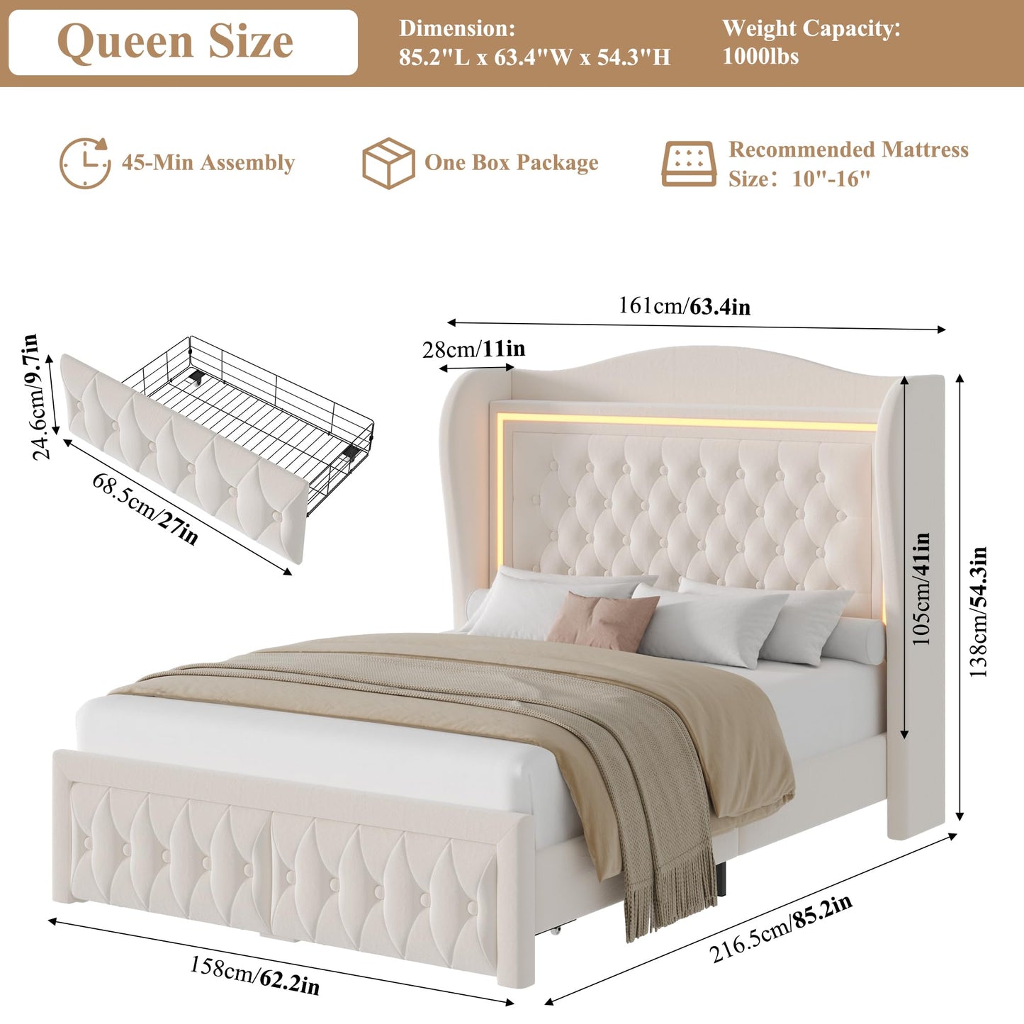 Queen Bed Frame 55" Tall Headboard with LED Lights, Buttons Tufted Velvet Upholstered Platform Bed Frame with 2 Storage Drawers, Wood Slats Support Mattress Foundation, No Box Spring Needed, Beige