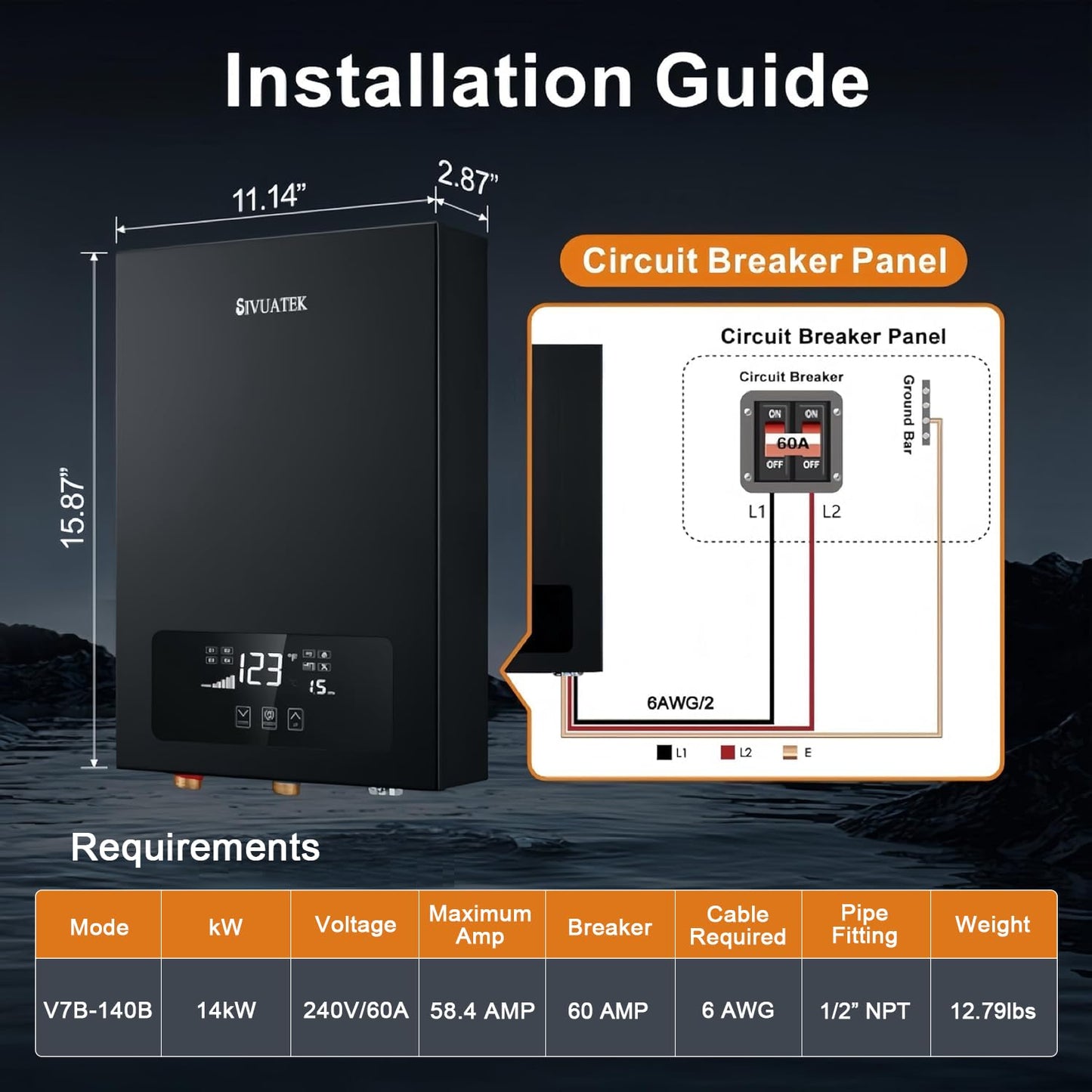 Electric Tankless Water Heater SIVUATEK 14kW, 240V - On-Demand Hot Water for Whole House - ETL Certified, Self Modulating - Compact Design for Easy Installation - for 2 Point of Use Hot Water