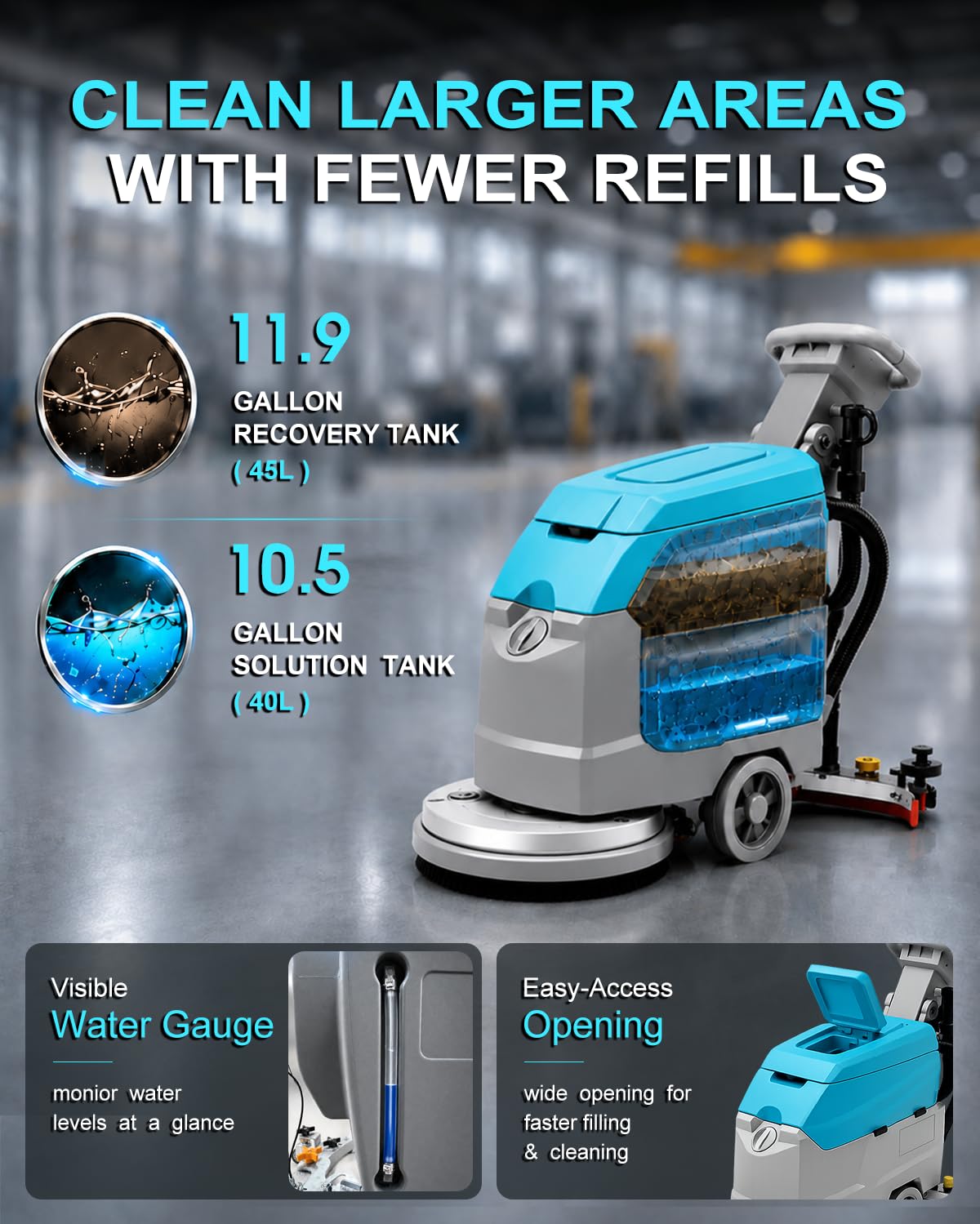 ARBRIX 20" Brush Walk Behind Floor Scrubber Machine, 31.5" Squeegee, 12 Gallon Recovery Tank, Cordless Commercial Floor Cleaning Machine with 24V/65Ah Li-ion Battery, 23,140 sq.ft/h Efficiency
