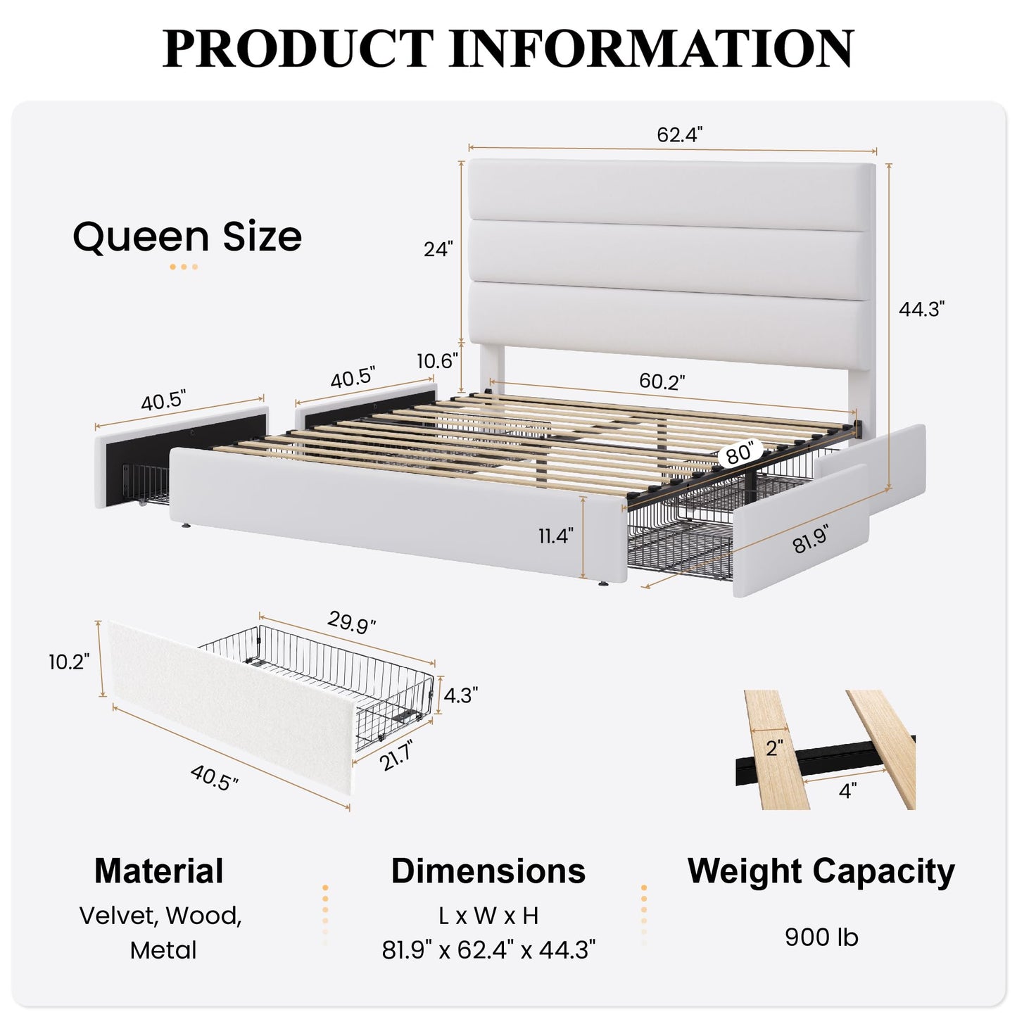 SHA CERLIN Queen Size Platform Bed Frame with 4 Storage Drawers, Velvet Upholstered Headboard, Mattress Foundation with Wooden Slats Support, No Box Spring Needed, Easy Assembly, White