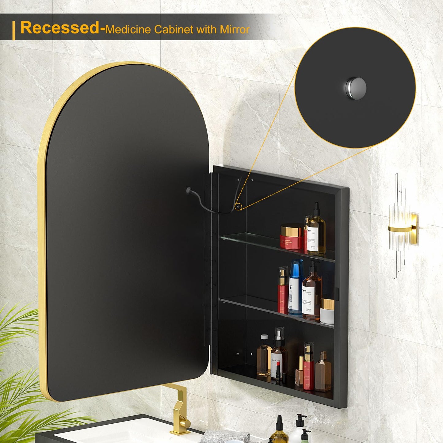 Mepplzian Lighted Arched Medicine Cabinet with LED Mirror - 20x31 Inch Recessed Bathroom Storage, Gold Arched Wall Mounted Mirror Cabinet, Arch Medicine Cabinet with Lights,Anti-Fog
