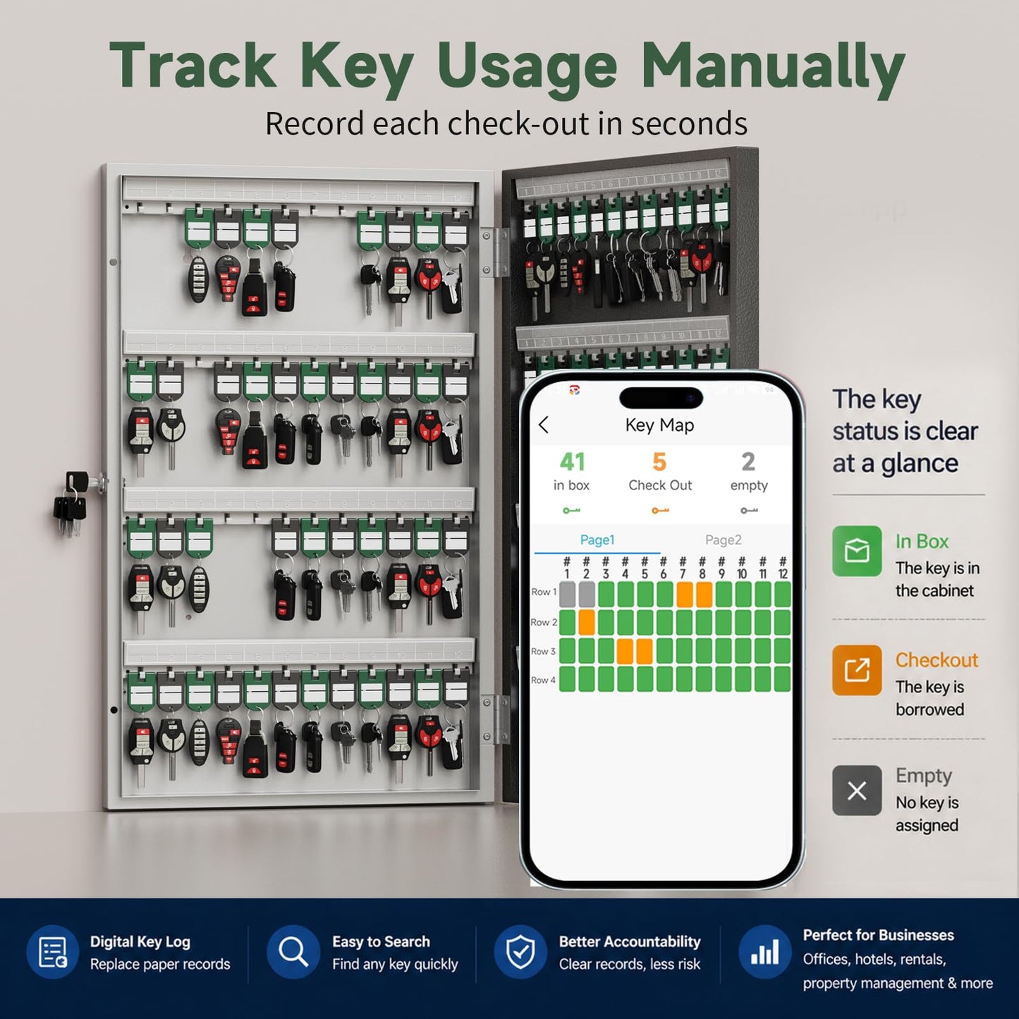 WeHere 96-Key Smart Key Lock Box, Wall-Mount Key Cabinet with Key Management App(Track Key Borrow/Return), Keypad, Bluetooth & WiFi Unlock (Sold Separately) for Commercial, School, Rental, Office