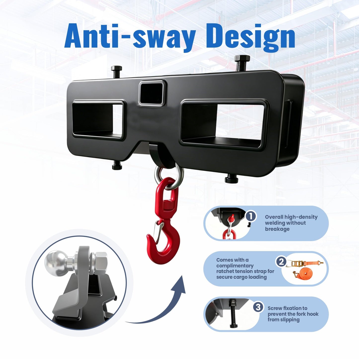Heavy Duty Forklift Lifting Hook Attachment with Ratchet Tie Down Strap