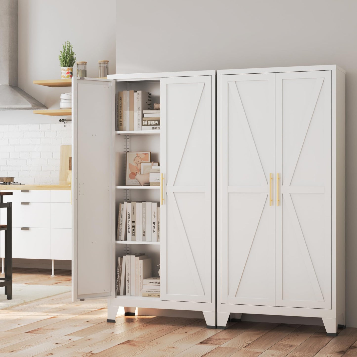Elitehouse 61" Tall Metal Storage Cabinet with Barn Doors and 3 Adjustable Shelves,4-Tier Large Kitchen Pantry Cabinet for Kitchen, Bathroom, Dining Room, Utility Room - White