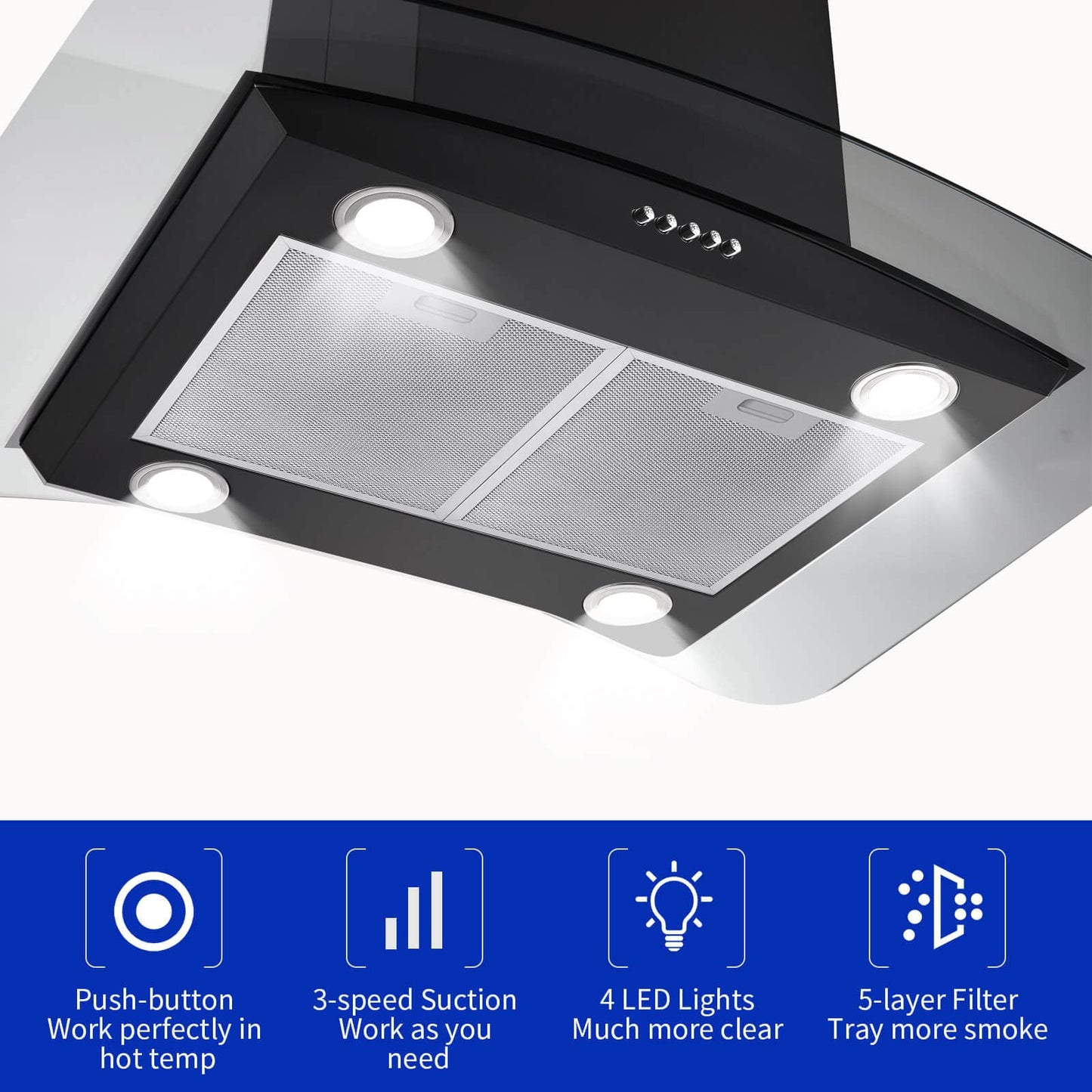 JOEAONZ Island Range Hood Black 30 inch 700CFM, Ceiling Mount Kitchen Vent Hood Stainless Steel Ducted/Ductless Convertible Extractor Stove Exhaust Fan, 5-layer Filters, Curved Tempered Glass