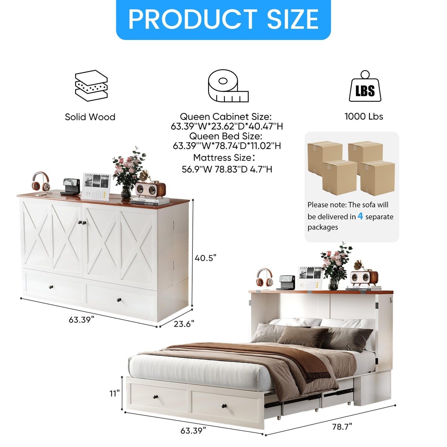 PUREMIND Murphy Bed Queen with Mattress Included, X Frame Cabinet Beds Chest with Charging Station & Storage Drawers, Convertible Hideaway Cabinet Bed for Guest Room, White
