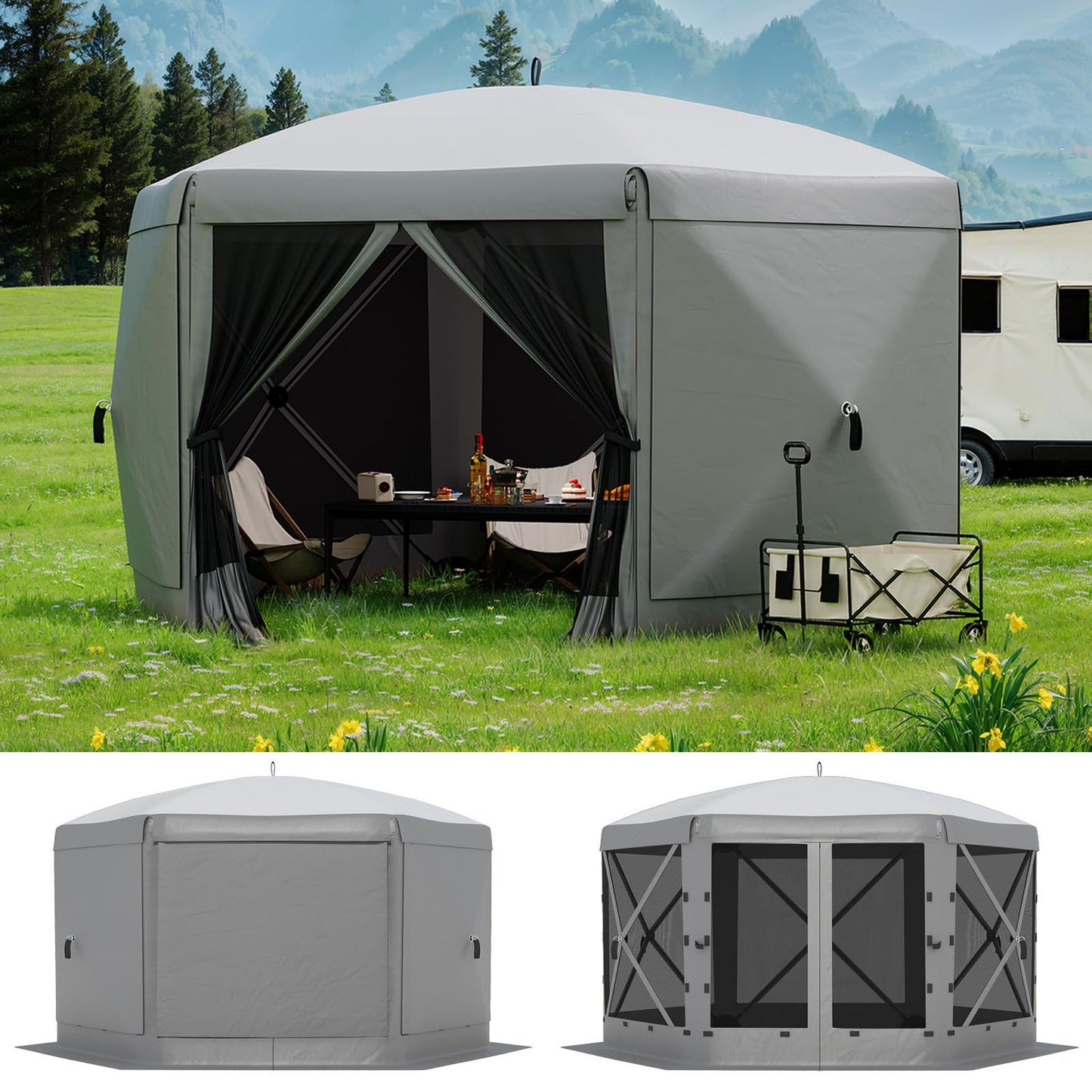 Garvee 13FT Pop-Up Gazebo 6-Sided, Outdoor Canopy Tent with Mosquito Netting & Removable Wind Cloths for Camping, Backyard Parties, Outdoor Events, Grey