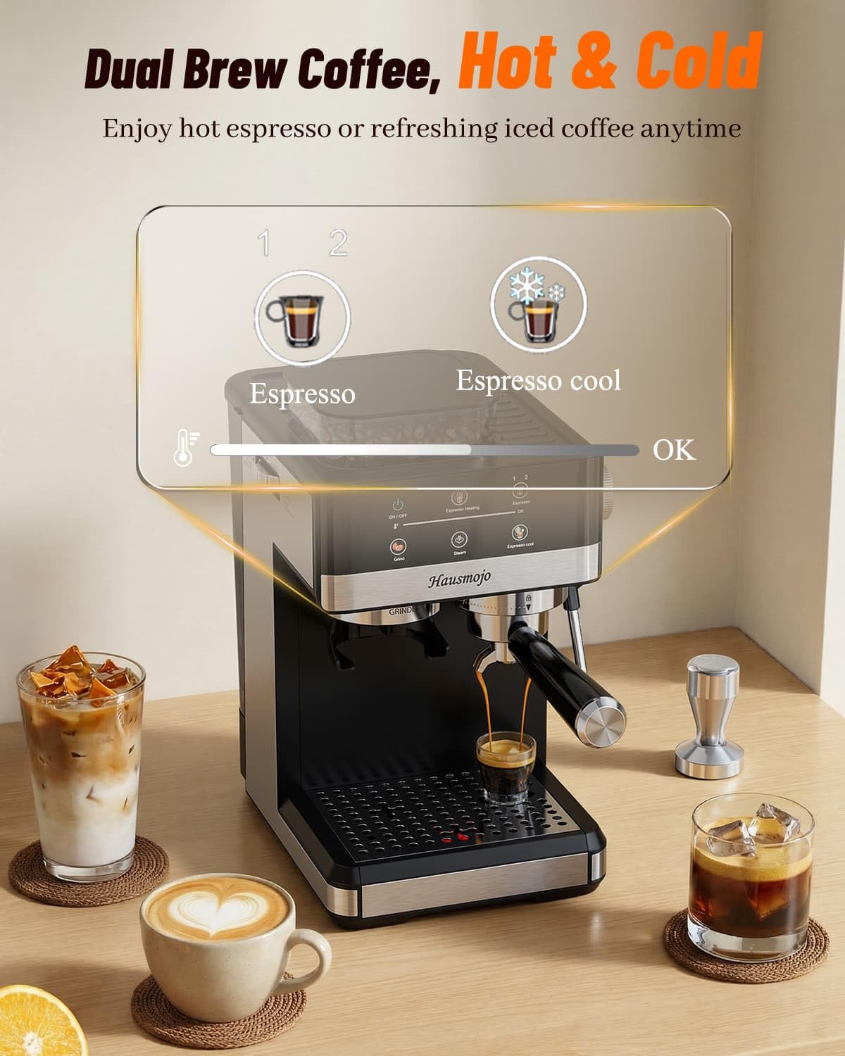 Hausmojo Espresso Machine with Grinder & Milk Frother, 20 Bar