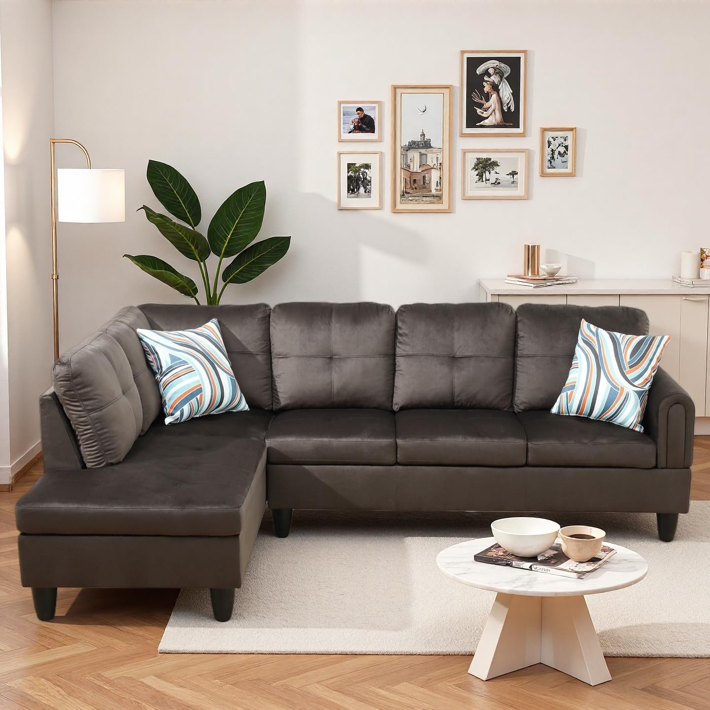 Trygoal Modern L-Shaped Sectional Sofa with Chaise Lounge, 4-Seater Flannel Couch with High-Density Foam Cushions, for Living Room, Apartment, Studio, Easy Assembly, Dark Brown