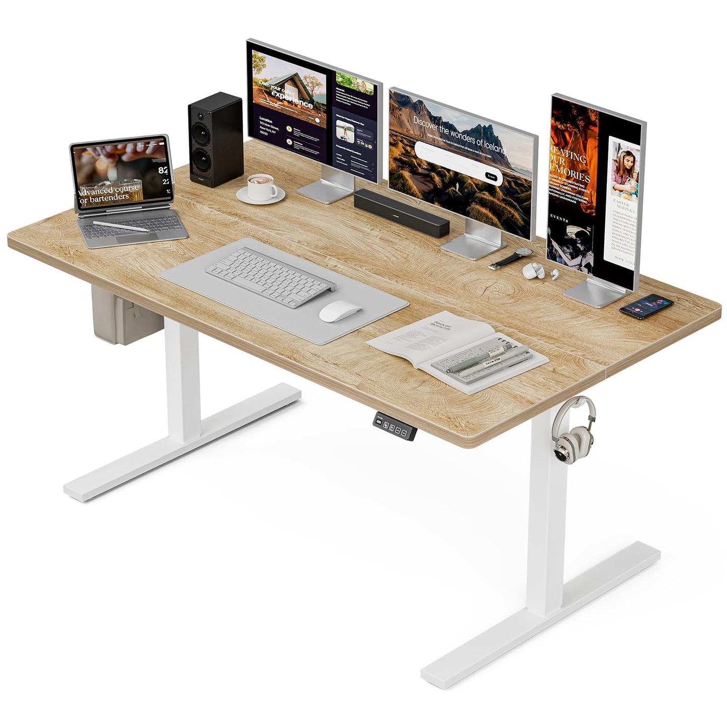 Grandder 55x32 Extra-Deep Electric Standing Desk, Wide Desktop Fits 49" Ultrawide Monitor+Dual Screens, 176 lbs Capacity, 2 Memory Presets, Anti Collision, Computer Desk for Home Office & Gaming, Oak