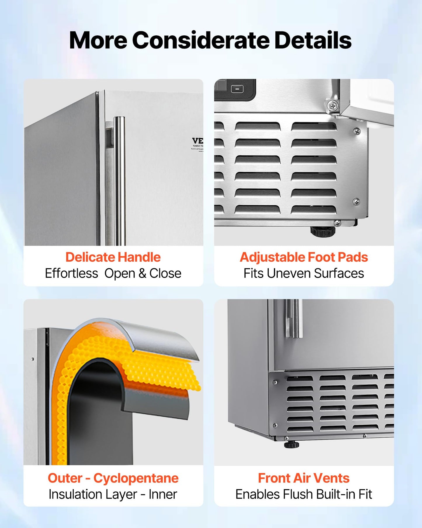 VEVOR Undercounter Built-in Ice Maker, 66 Lbs/Day Under Counter Nugget Ice Maker Machine with Reversible Door, Stainless Steel Freestanding Ice Maker for Commercial Home Kitchen, Electric Drainage