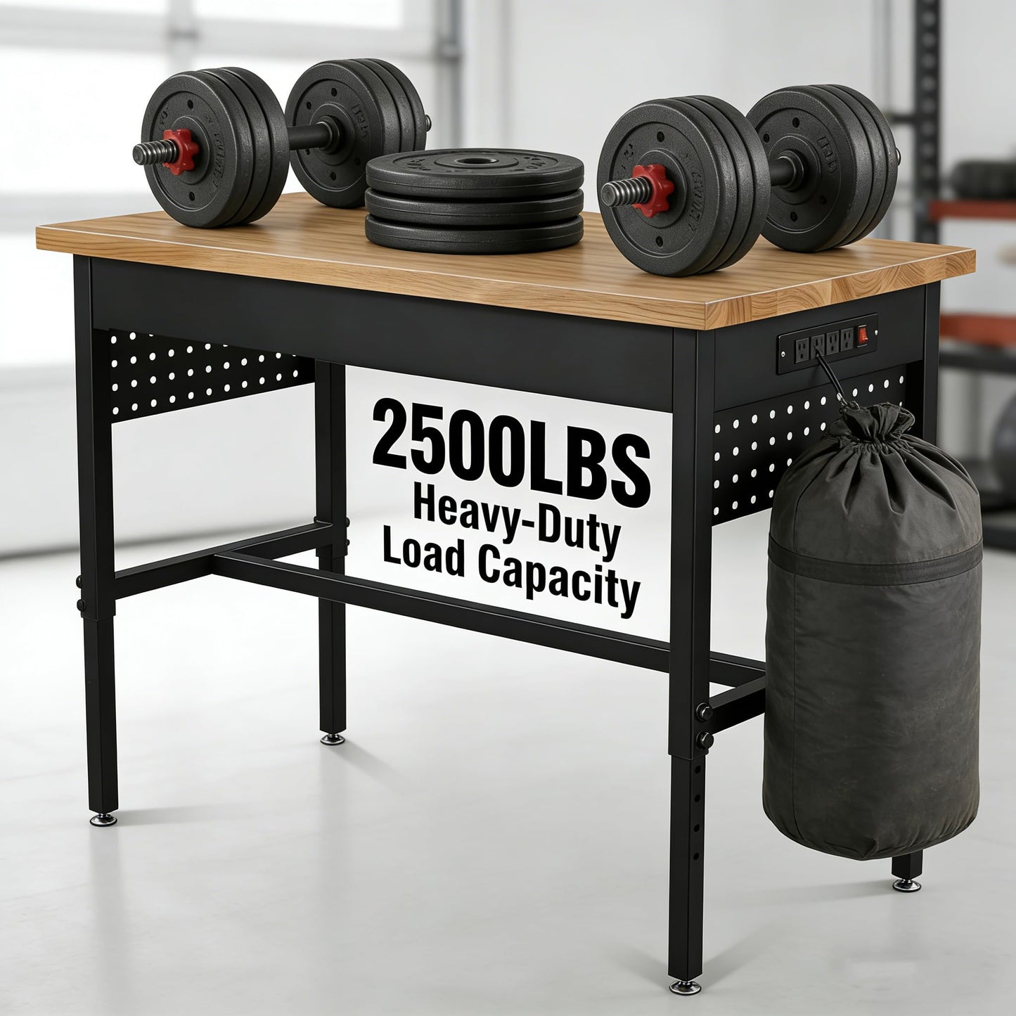 KEIKI 60 Inch Heavy-Duty Adjustable Work Bench for Garage Workshop, Power Outlets Shop Table with USB Ports, 2500 Lbs Capacity Hardwood Top, 6 Level Height Adjustable Metal Frame with Wheels, Black