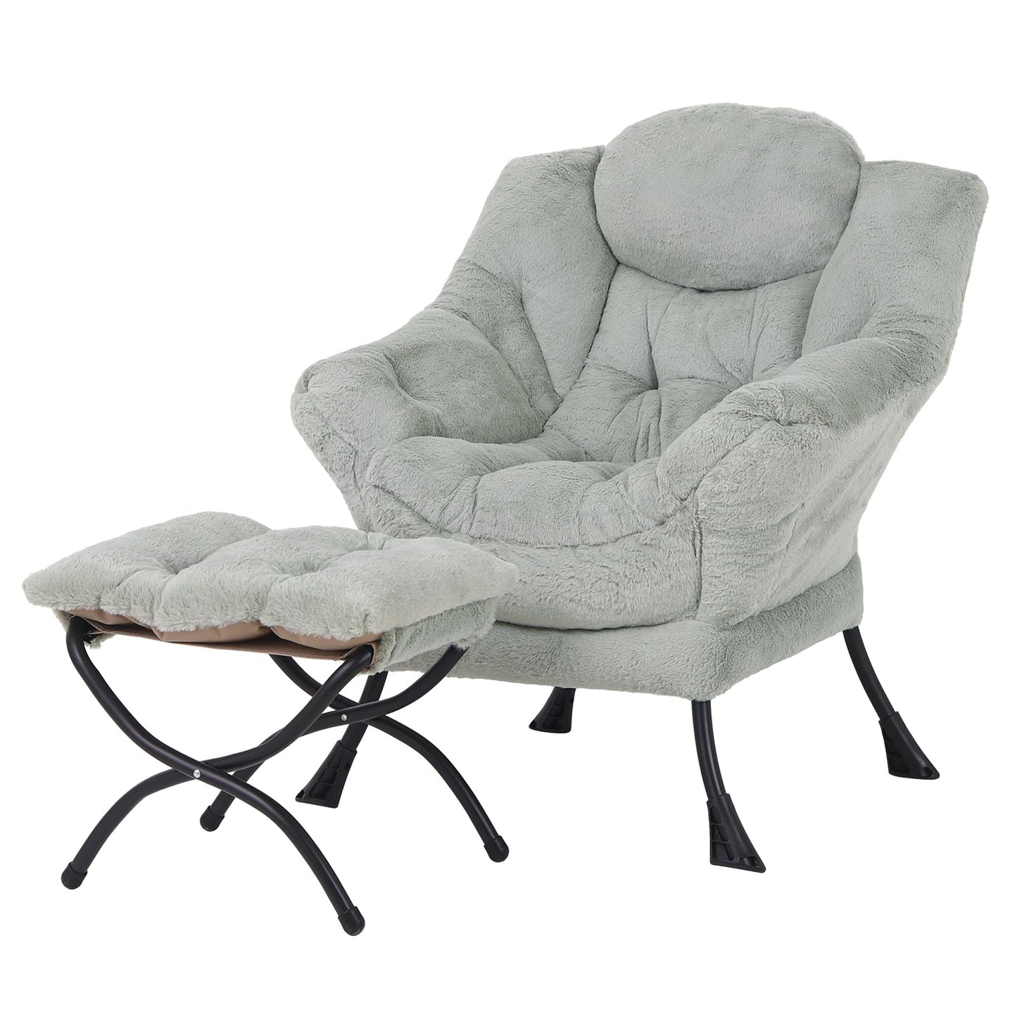 Welnow Lazy Chair with Ottoman, Modern Accent Chair with Armrests and a Side Pocket, Leisure Sofa Armchair, Reading Armchair with Footrest for Small Space, Plush Green