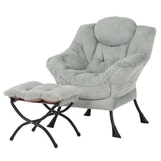 Welnow Lazy Chair with Ottoman, Modern Accent Chair with Armrests and a Side Pocket, Leisure Sofa Armchair, Reading Armchair with Footrest for Small Space, Plush Green