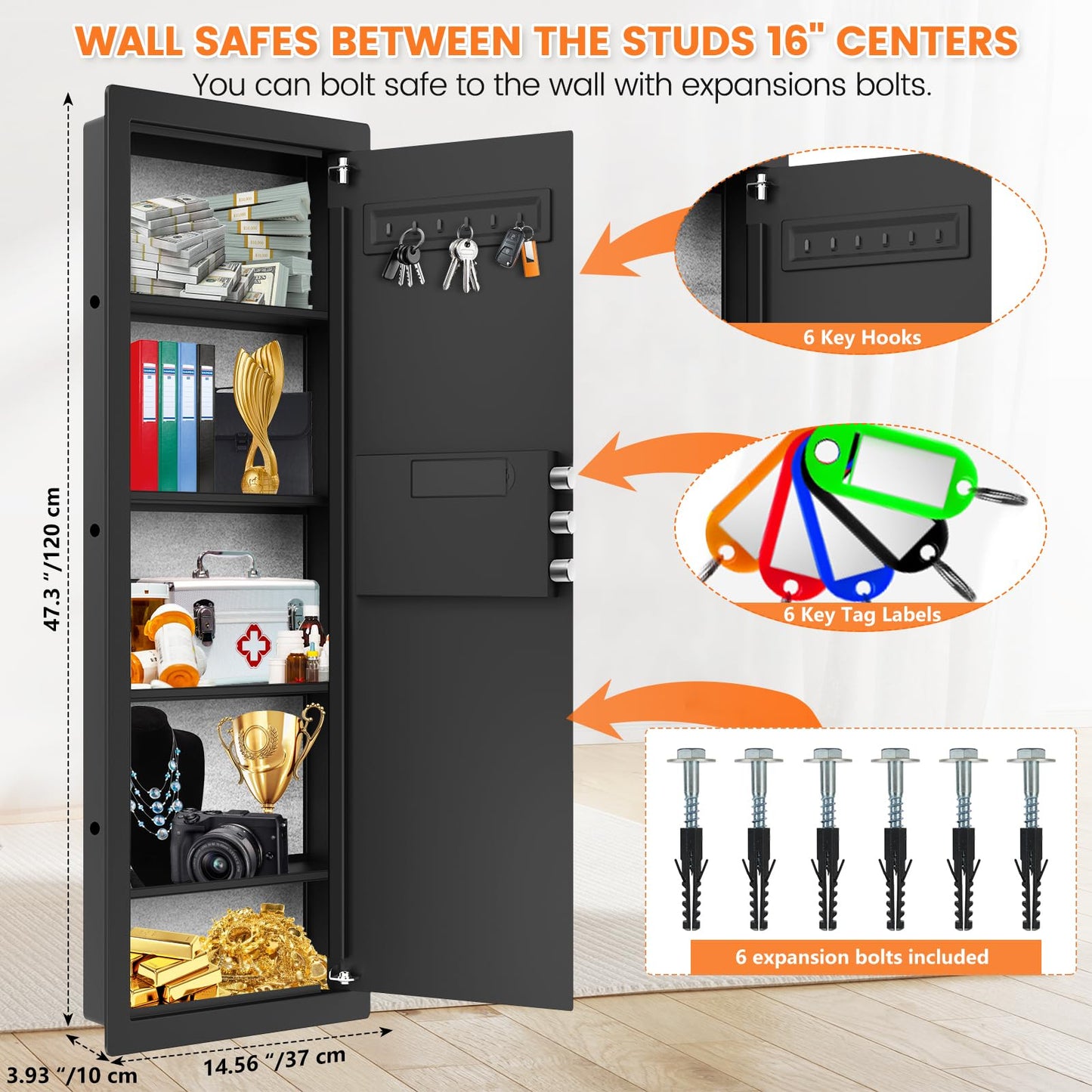 47.3" Tall Fireproof Wall Safes Between the Studs 16" Centers, Large Hidden Flush Wall Safe with 4 Removable Shelf & 6 Key Hooks, 48LB Heavy Duty In Wall Safe for Home, Money, Jewelry, Valuables