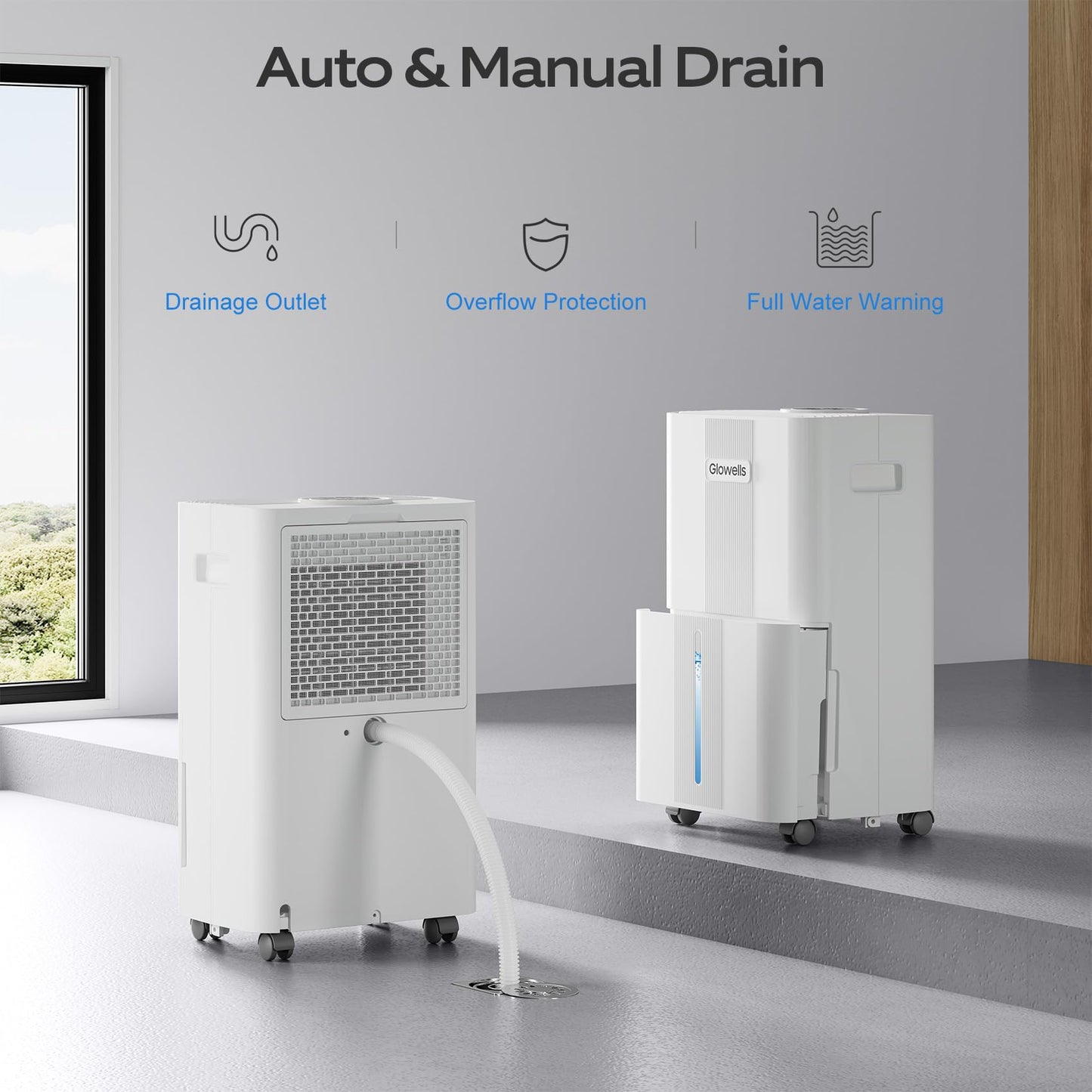 1500 Sq.Ft Dehumidifier for Basement with Drain Hose, Glowells 21 Pints Dehumidifiers for Home, Bathroom, Bedroom Large Room, RV, Three Modes, Quiet with Smart Compressor, Dry Clothes, 24H Timer