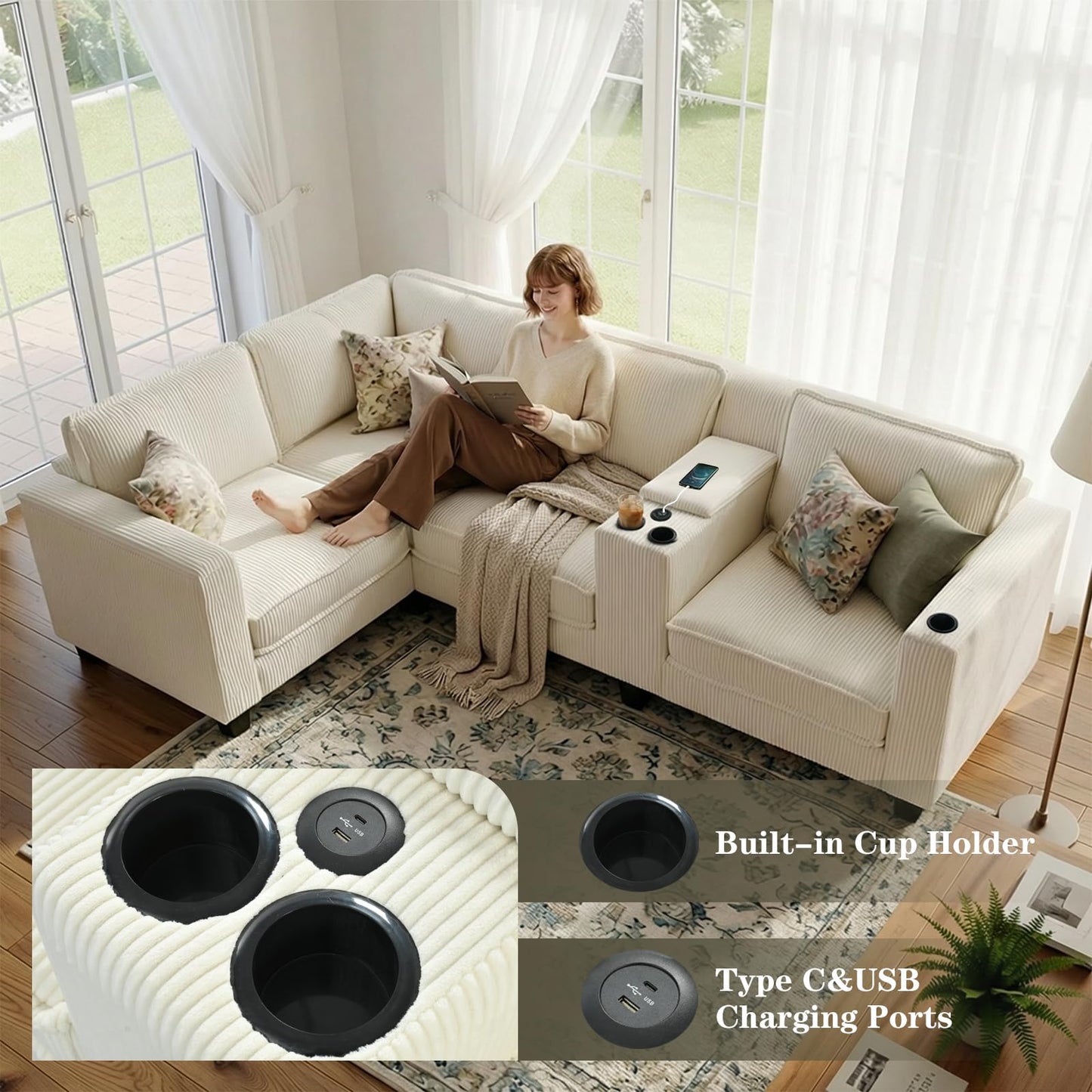105.5" L-Shaped Corner Sectional Sofa with Multi-Functional Storage Console for Home Apartment, Comfy Corduroy Upholstered Cloud Couches W/USB-C Charger & Cupholders