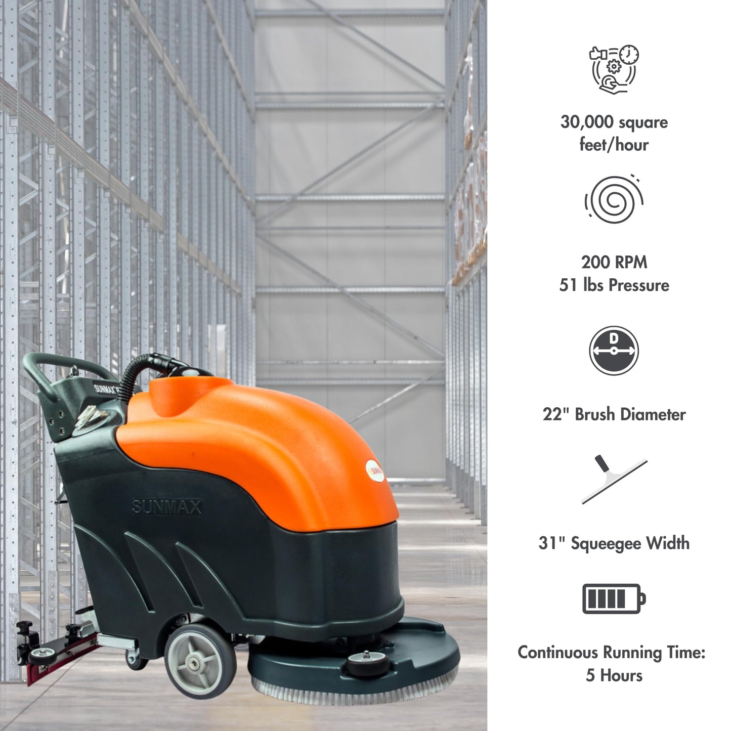 SUNMAX 22" Walk-Behind Commercial Floor Scrubber Machine, Cordless Battery Powered, 13.2/14.5-Gal Dual Tanks, Up to 5 Hours Runtime, 31" Squeegee, Hard Floor Cleaner for Tile, Concrete, Epoxy & VCT