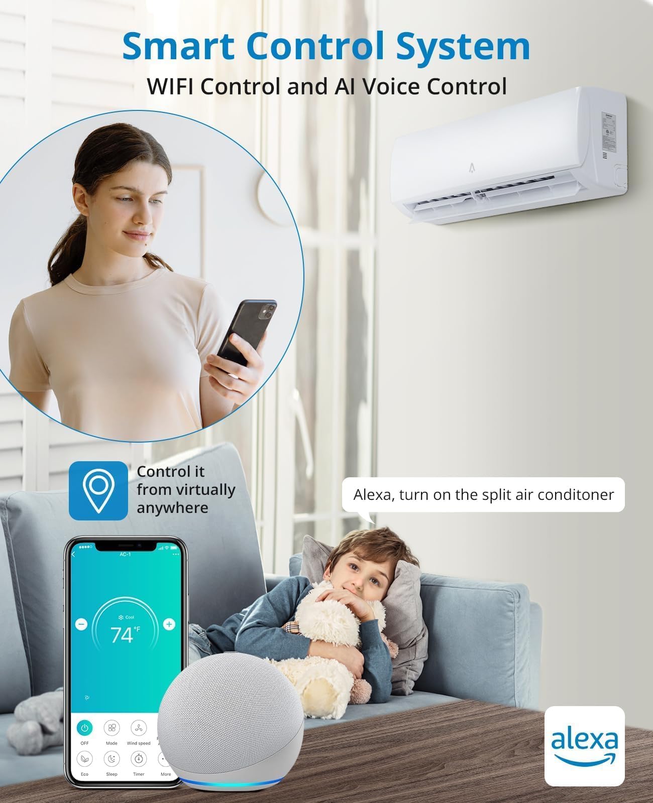 Mini Split Air Conditioners, 9,000 BTU AC Heating System, Heat Pump Ductless Mini Split AC Unit for Bedroom, Quiet Room Air Conditioner with Efficient Cooling Heating for Rooms Up to 450 Sq.ft