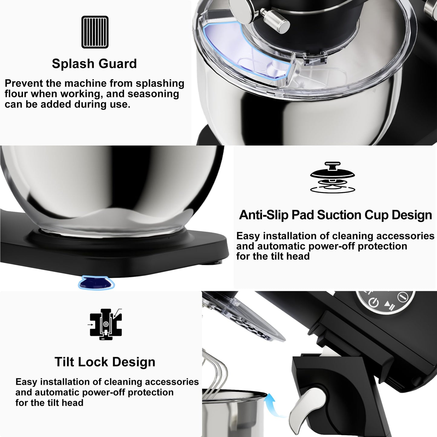 8.45 QT All Metal Stand Mixer,10 Speed Large Capacity Kitchen Mixer with Digital Timer & Tilt-Head, Electric Mixer with Whisk Dough Hook Mixing Beater for Baking,Cakes,Cookie,Bread,Salad (Black)
