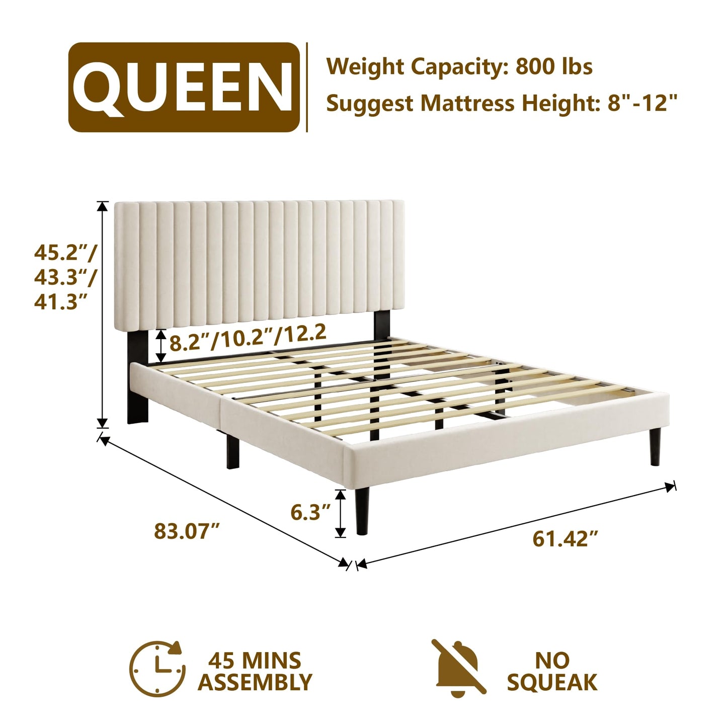 Sismplly Queen Size Bed Frame with Velvet Upholstered Headboard, Platform Bed with Strong Wood Slats, Mattress Foundation, Box Spring Optional, Easy Assembly, Beige
